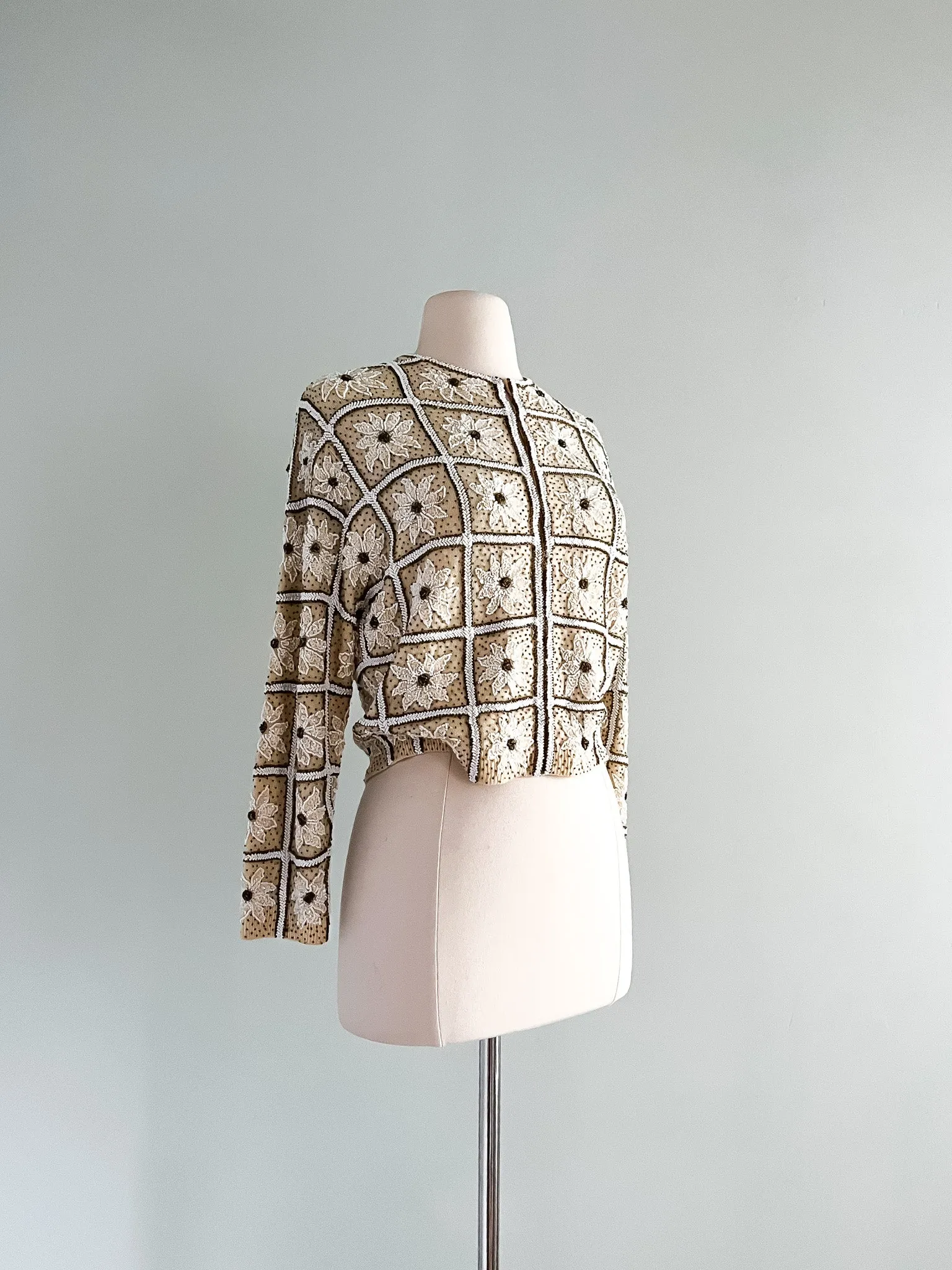 1960's Gene Shelly Ivory Beaded Sequin Cardigan / Sz M