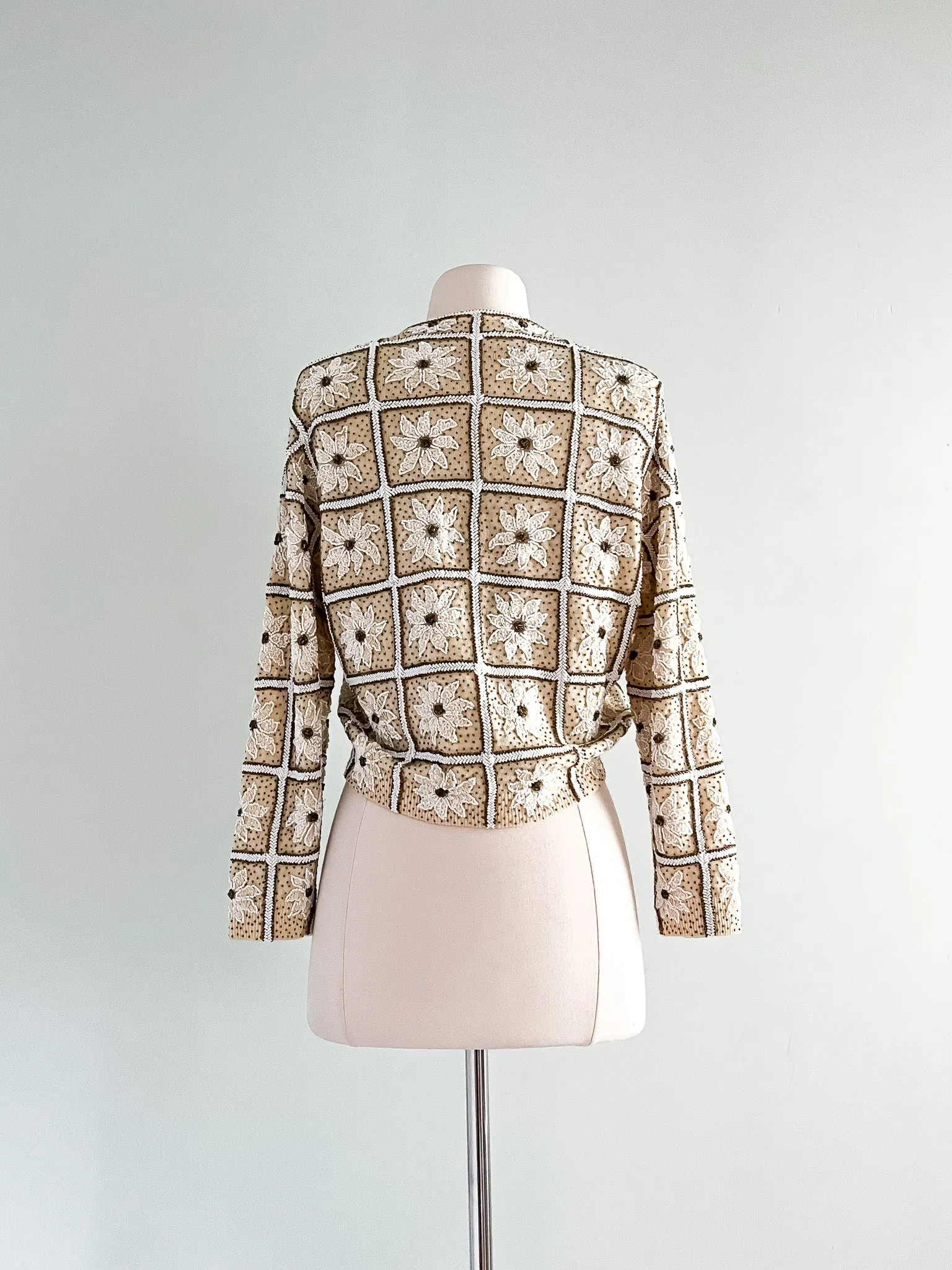 1960's Gene Shelly Ivory Beaded Sequin Cardigan / Sz M