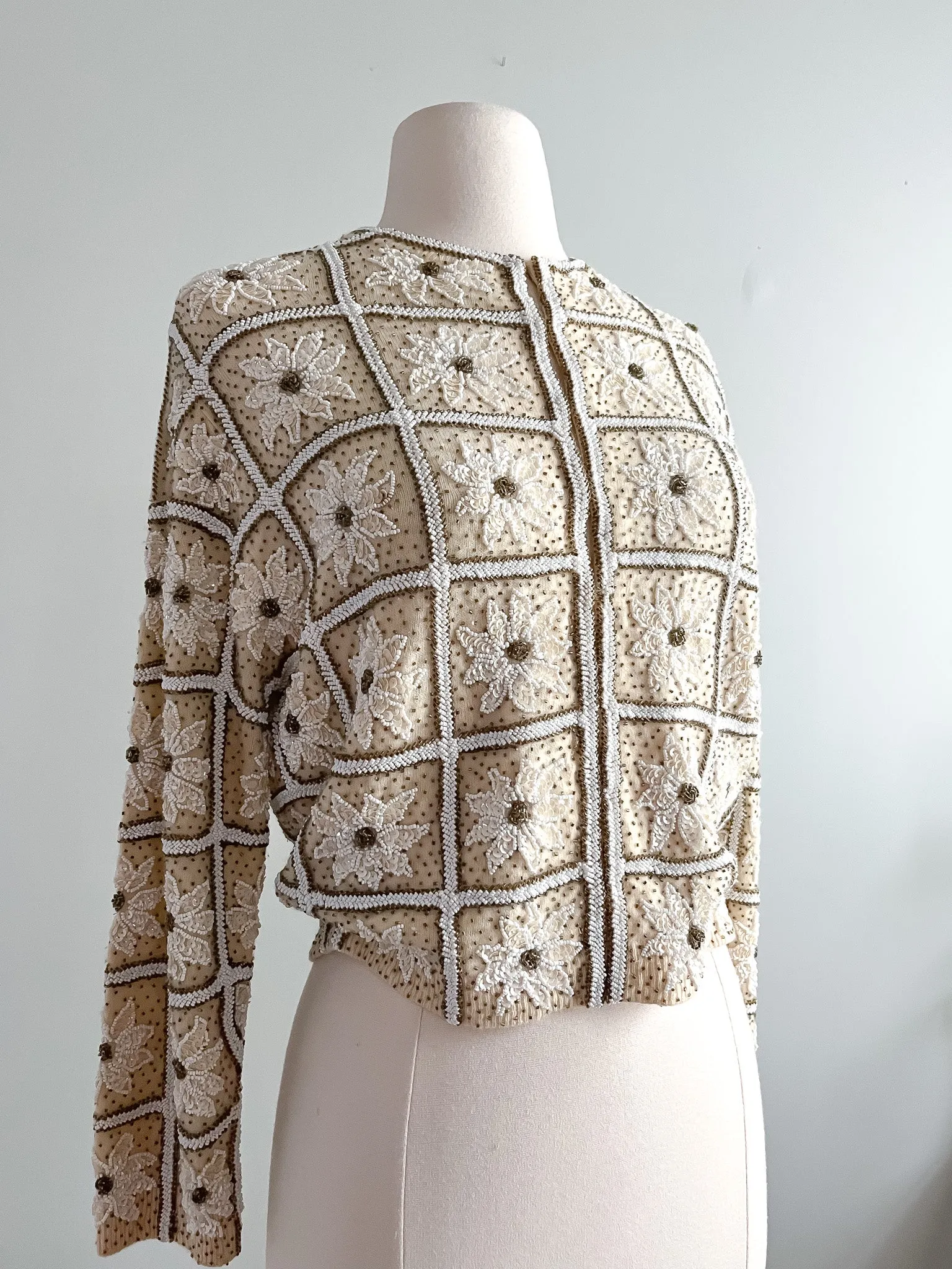 1960's Gene Shelly Ivory Beaded Sequin Cardigan / Sz M