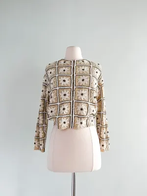 1960's Gene Shelly Ivory Beaded Sequin Cardigan / Sz M