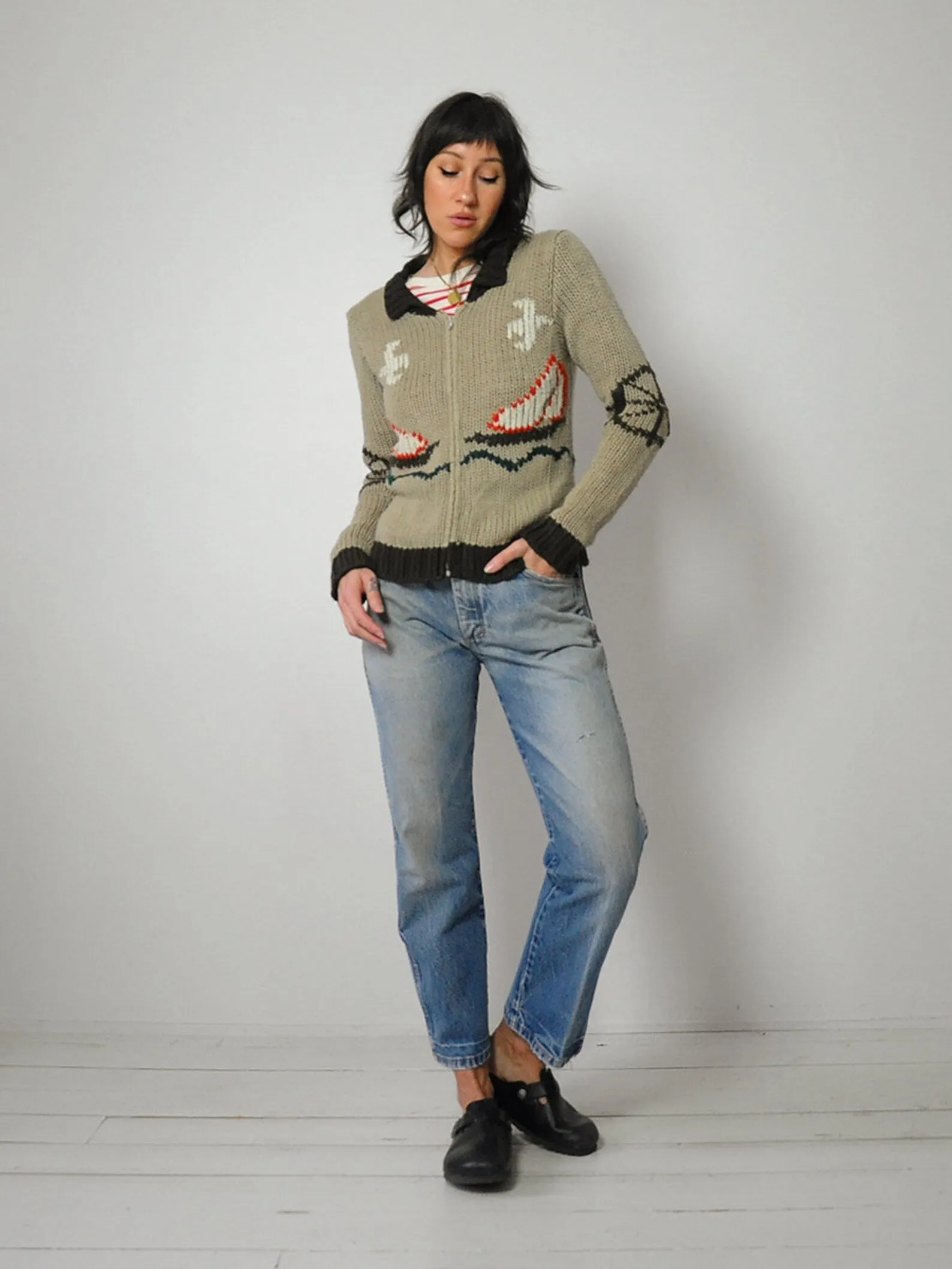 1970's Sailboat Nautical Cardigan