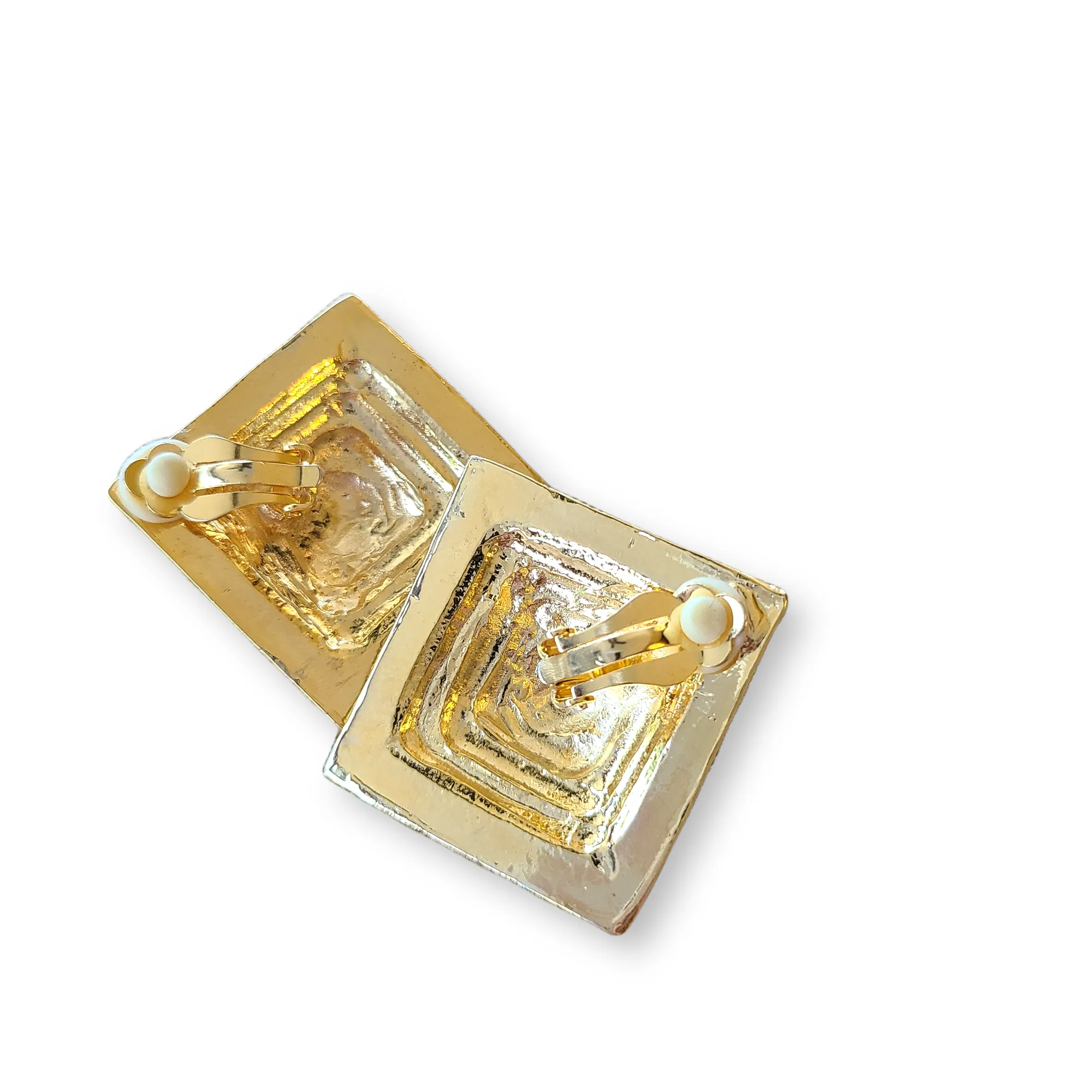 1980s Pyramid-Shaped Purple and Goldtone Clip Earrings