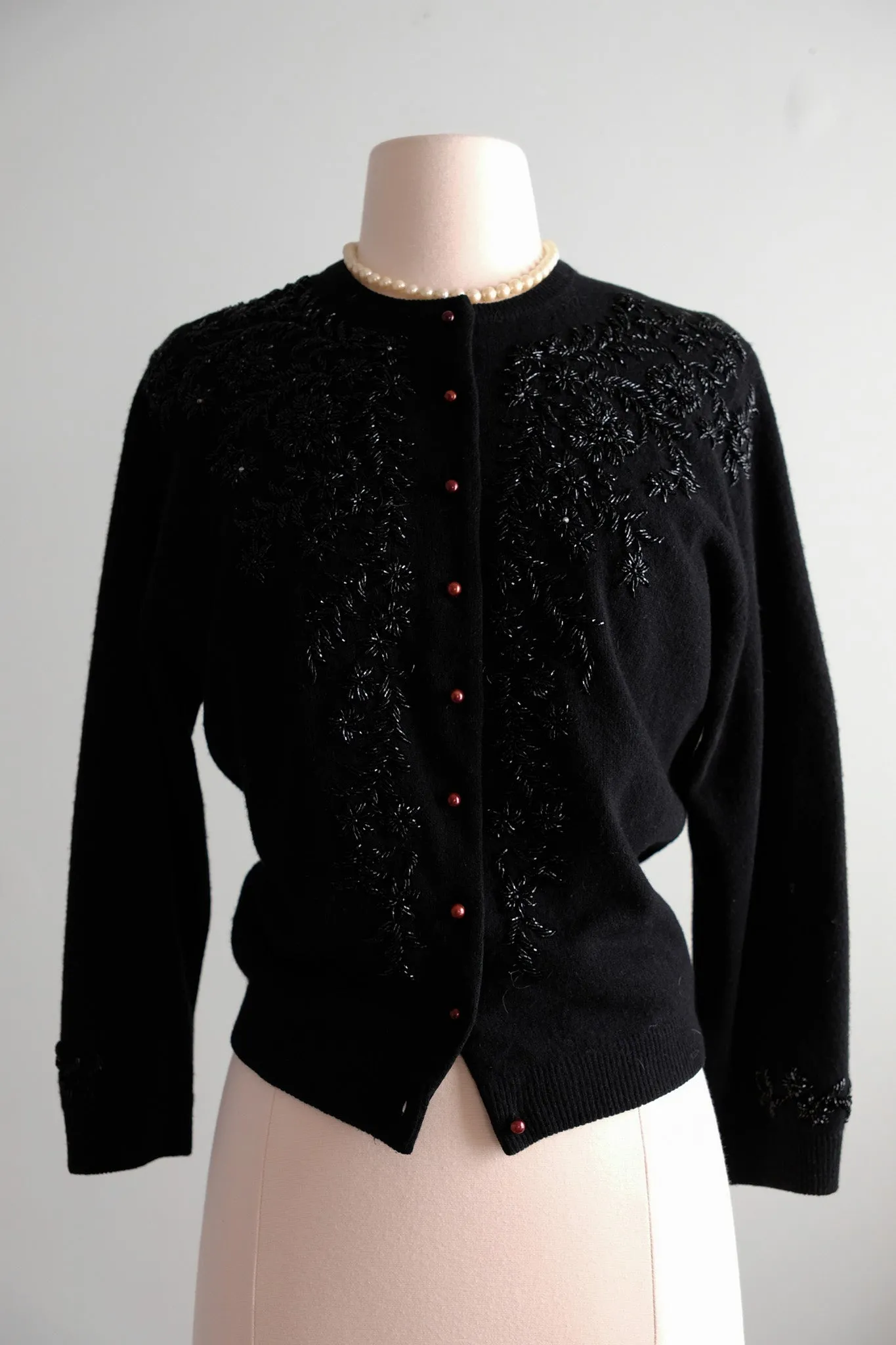 Adorable 1950's Black & Blue Aurora Beaded Cardigan Sweater / Sz M