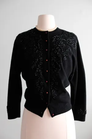 Adorable 1950's Black & Blue Aurora Beaded Cardigan Sweater / Sz M