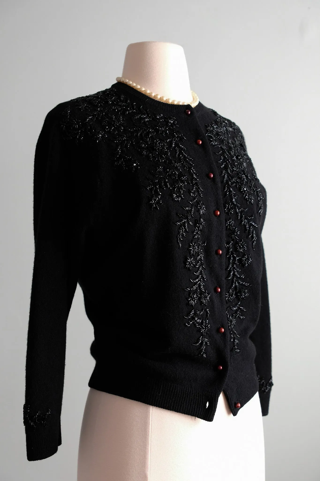 Adorable 1950's Black & Blue Aurora Beaded Cardigan Sweater / Sz M