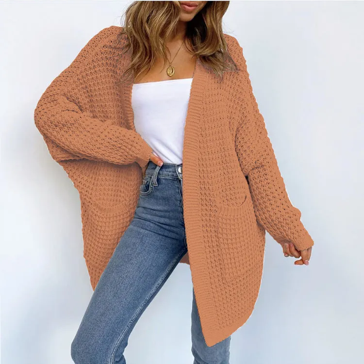 Bat Sleeve Waffle Plaid Cardigan