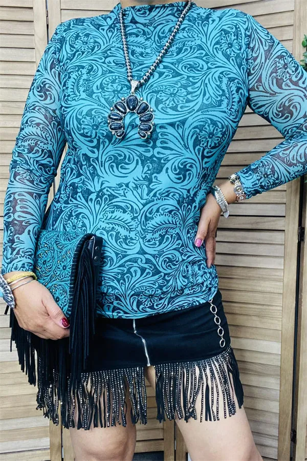 BQ15411 Teal/black paisley printed  tighten turtleneck long sleeve women top