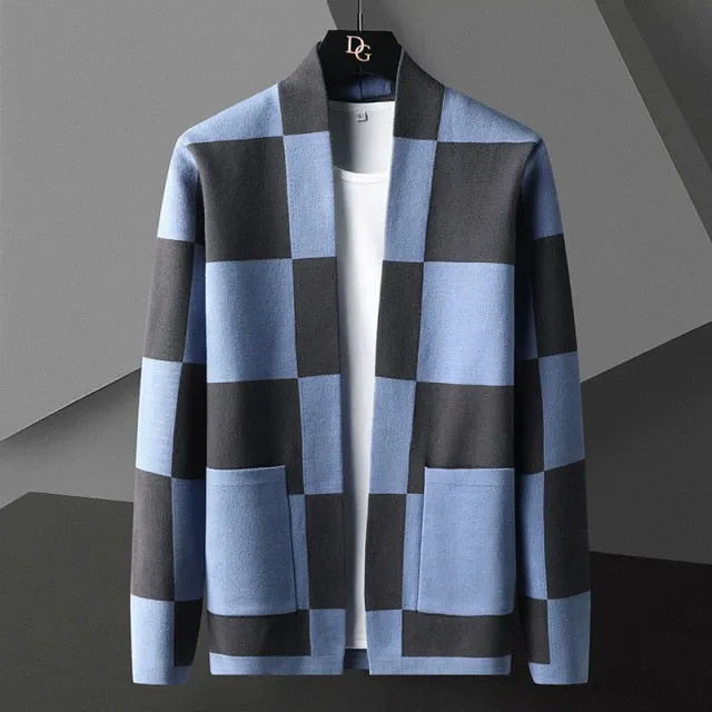 British Style Checkered Pattern Knitted Cardigan