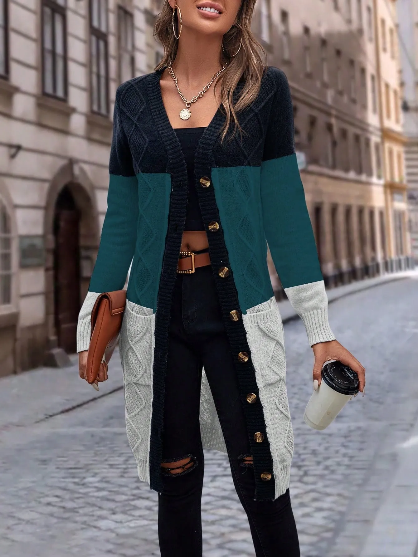 Cable Knit Colour Block Longline V-Neck Cardigan