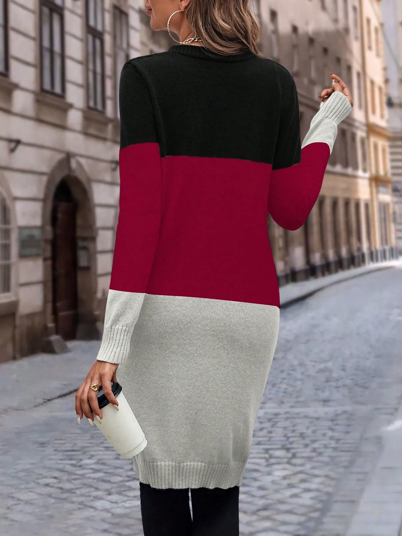 Cable Knit Colour Block Longline V-Neck Cardigan