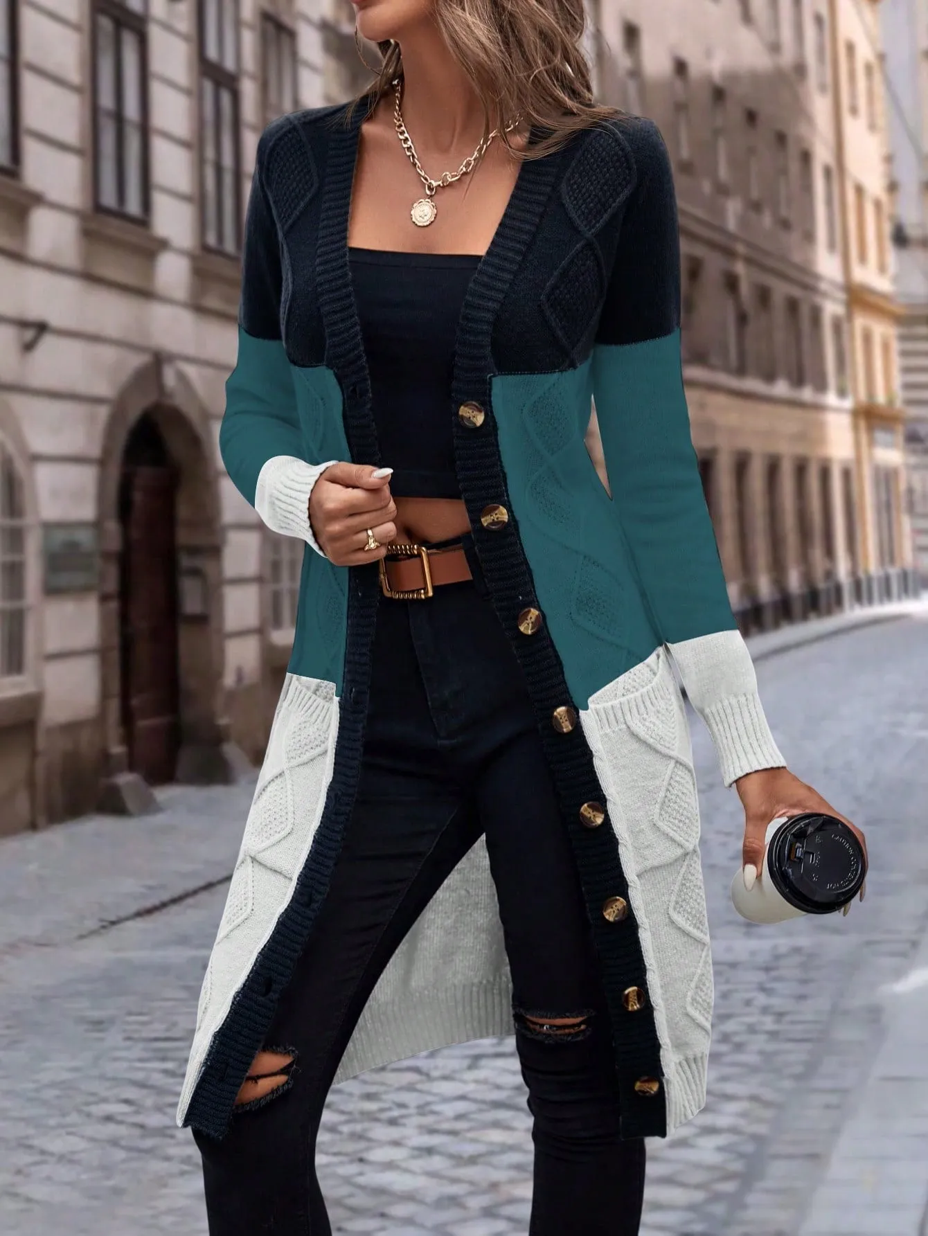 Cable Knit Colour Block Longline V-Neck Cardigan