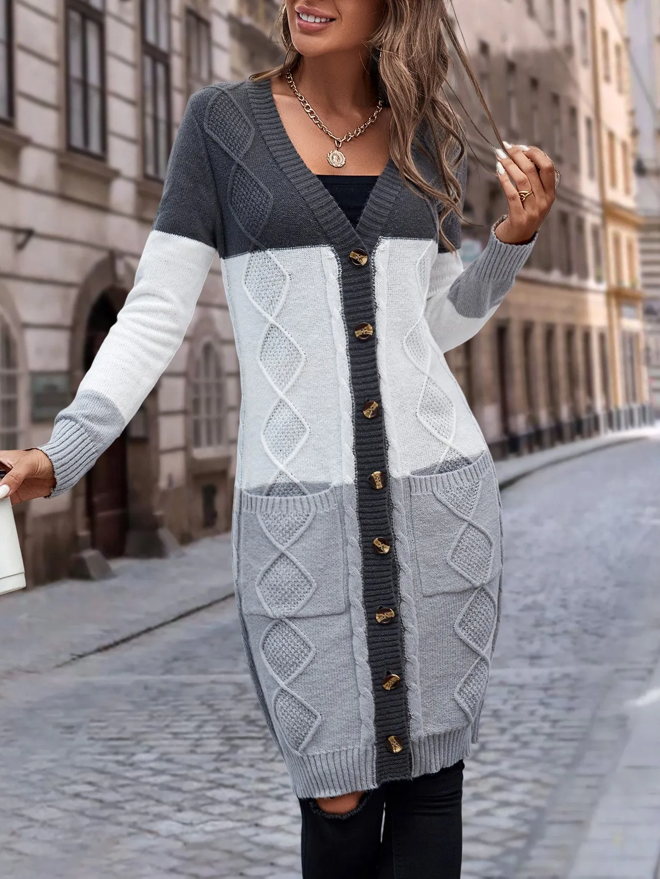 Cable Knit Colour Block Longline V-Neck Cardigan