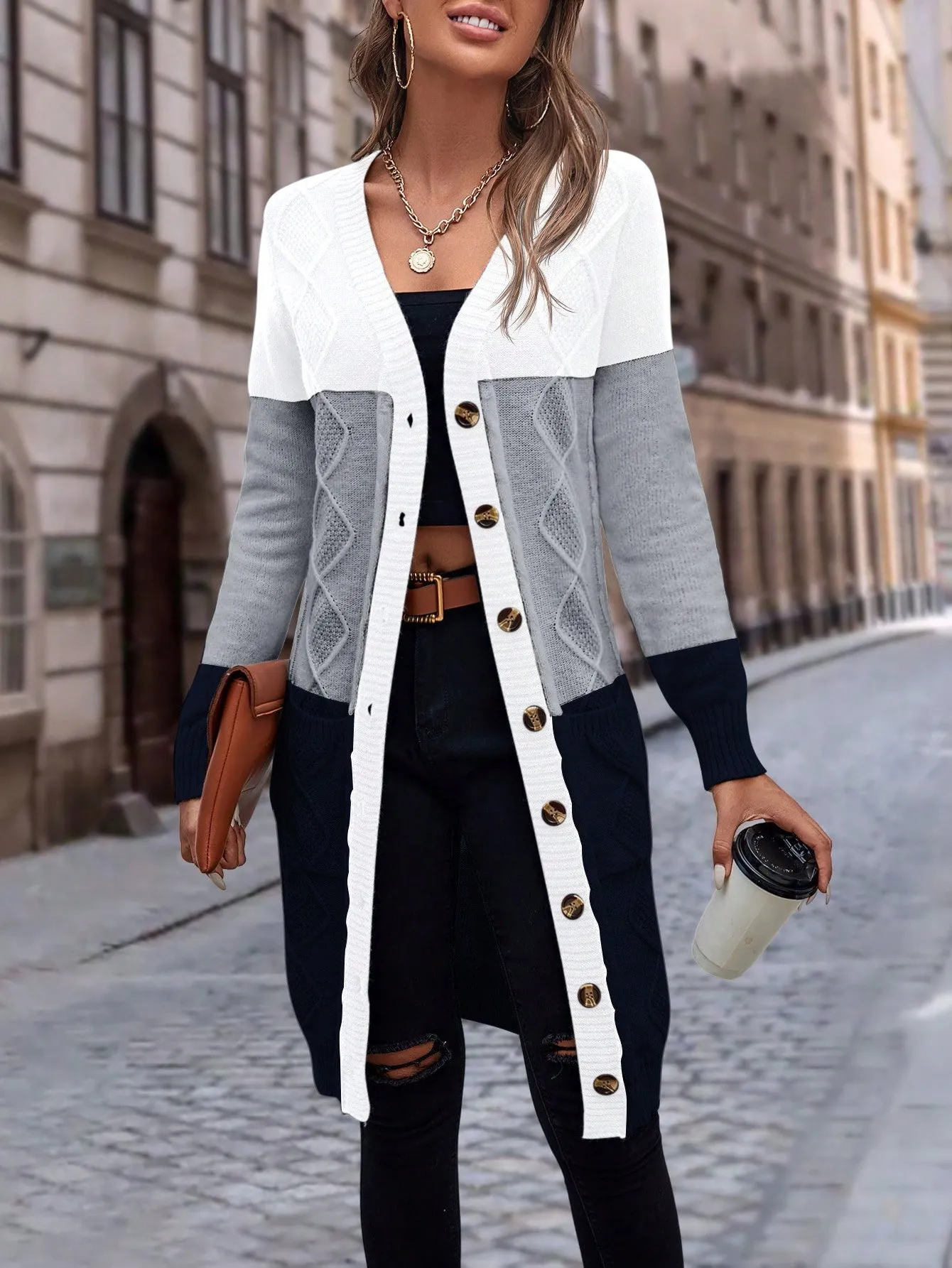 Cable Knit Colour Block Longline V-Neck Cardigan