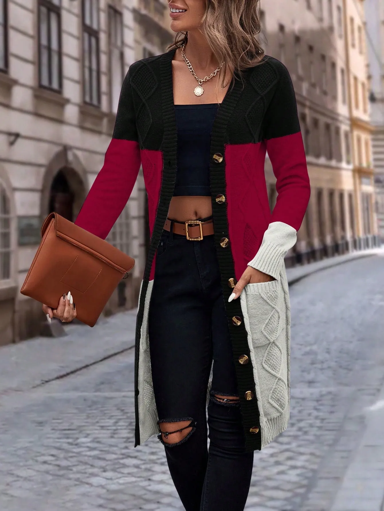 Cable Knit Colour Block Longline V-Neck Cardigan