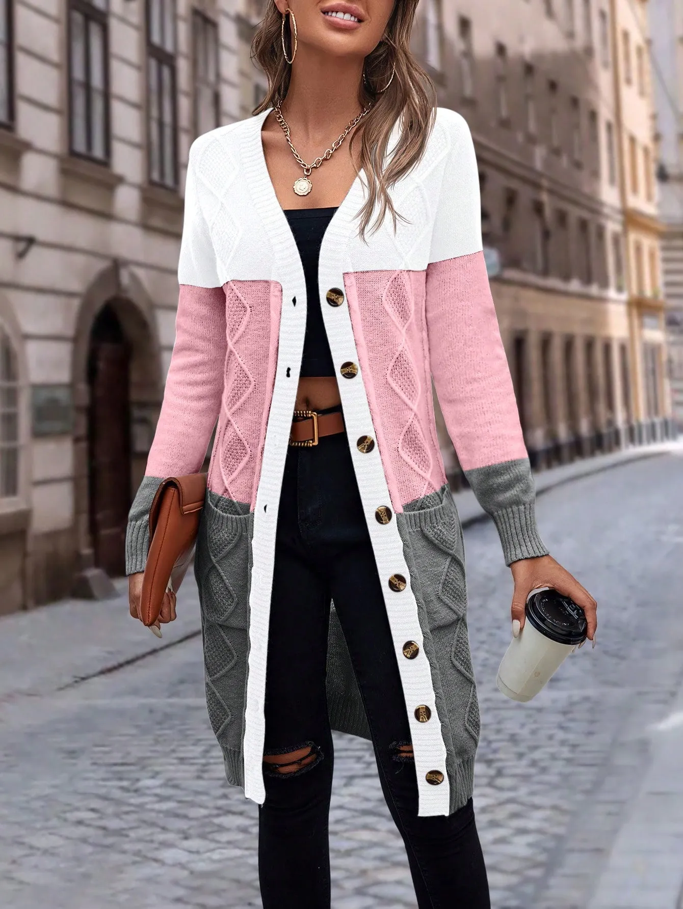 Cable Knit Colour Block Longline V-Neck Cardigan