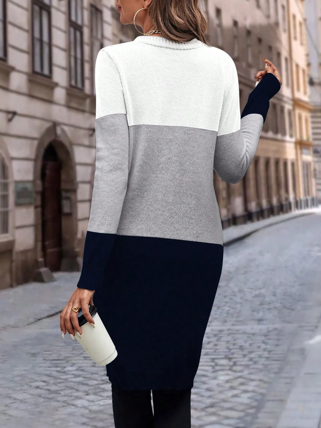 Cable Knit Colour Block Longline V-Neck Cardigan