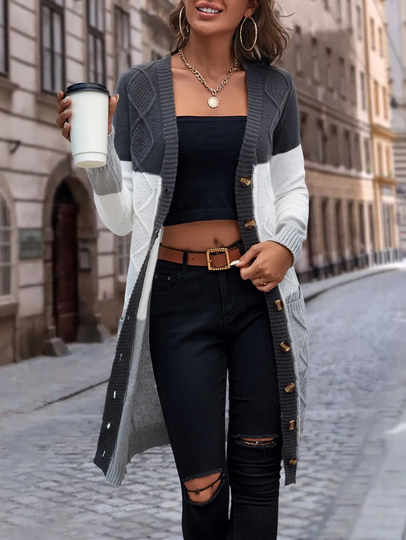 Cable Knit Colour Block Longline V-Neck Cardigan