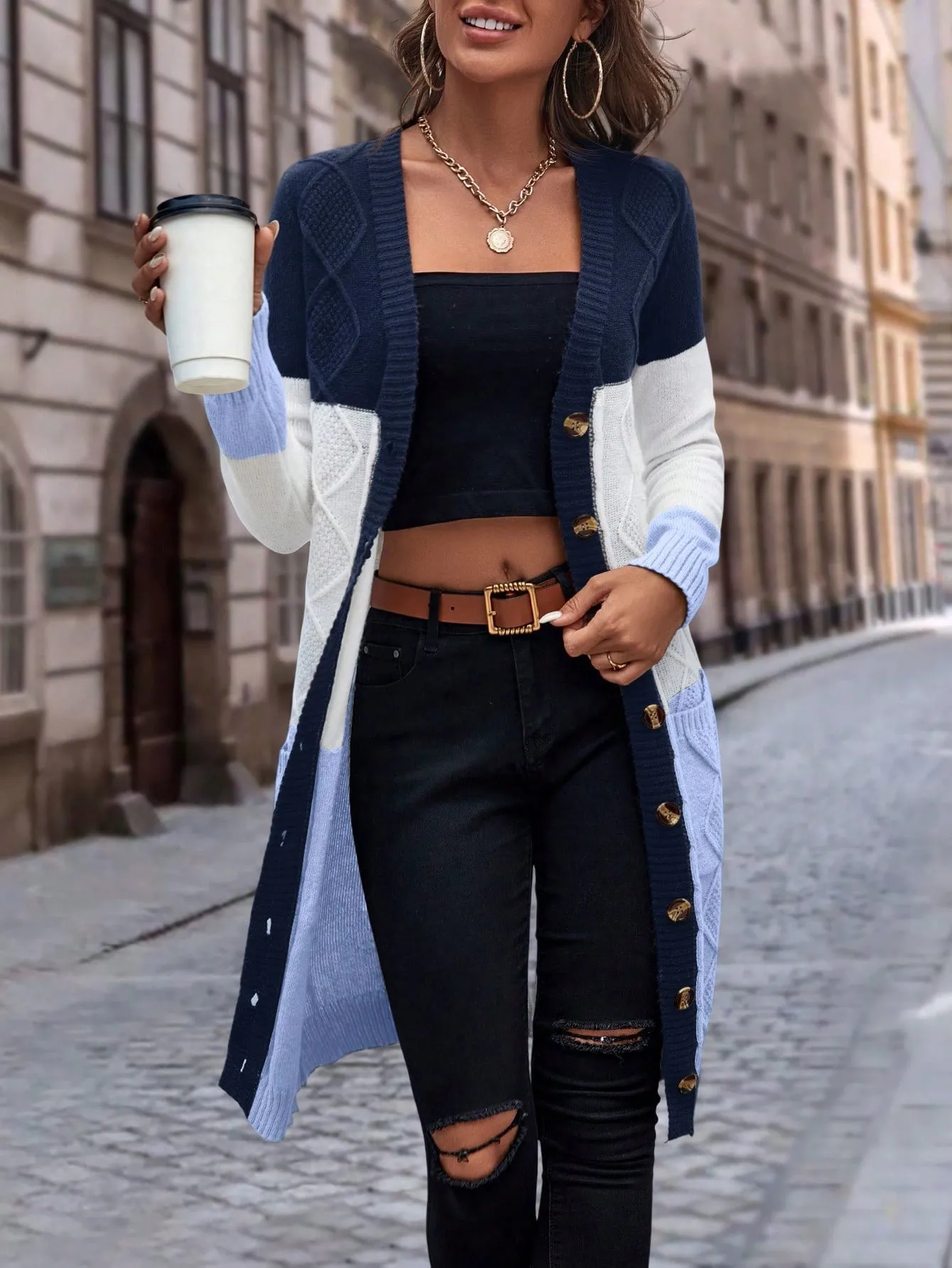 Cable Knit Colour Block Longline V-Neck Cardigan