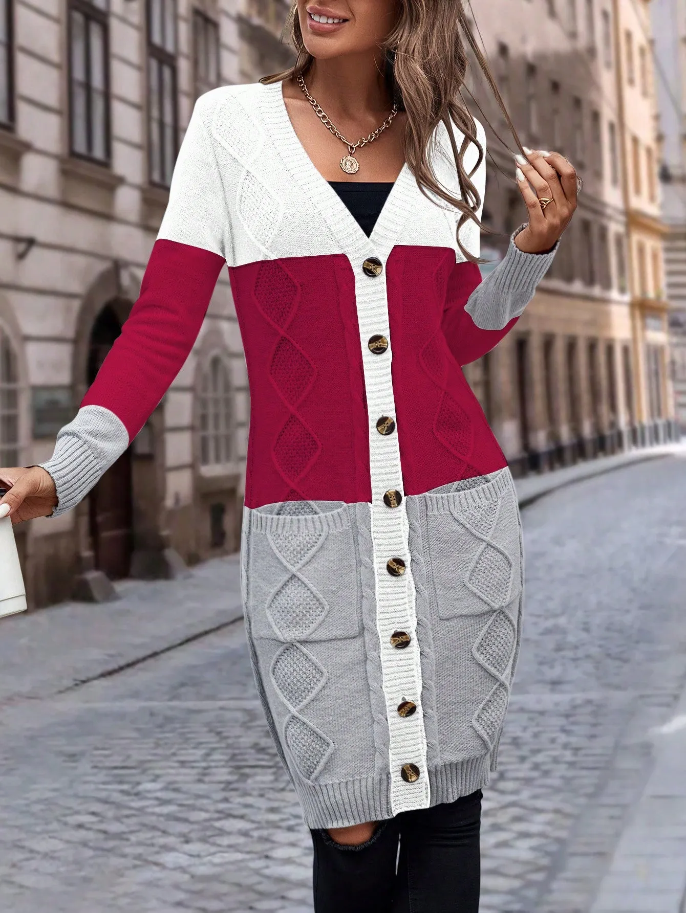 Cable Knit Colour Block Longline V-Neck Cardigan