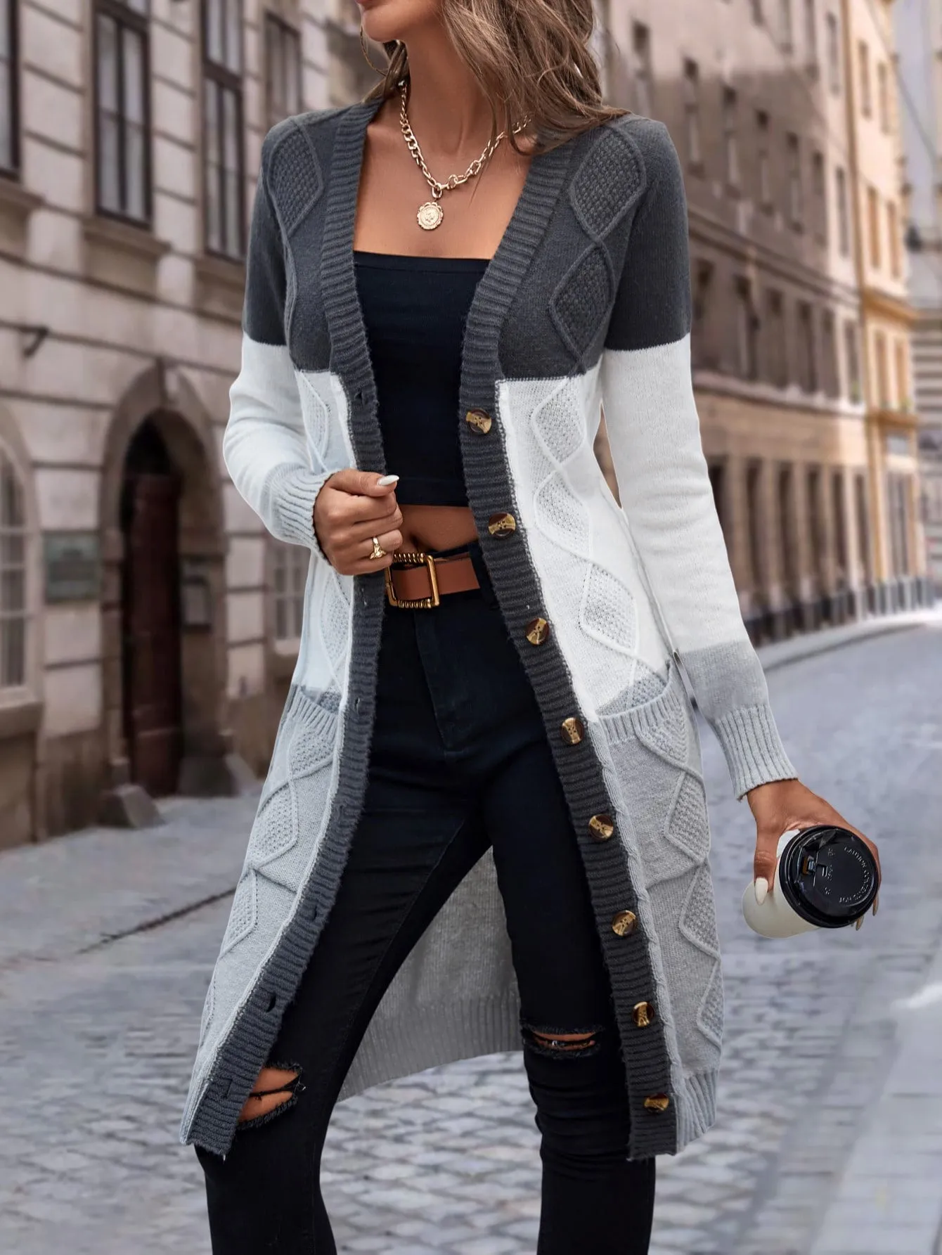 Cable Knit Colour Block Longline V-Neck Cardigan
