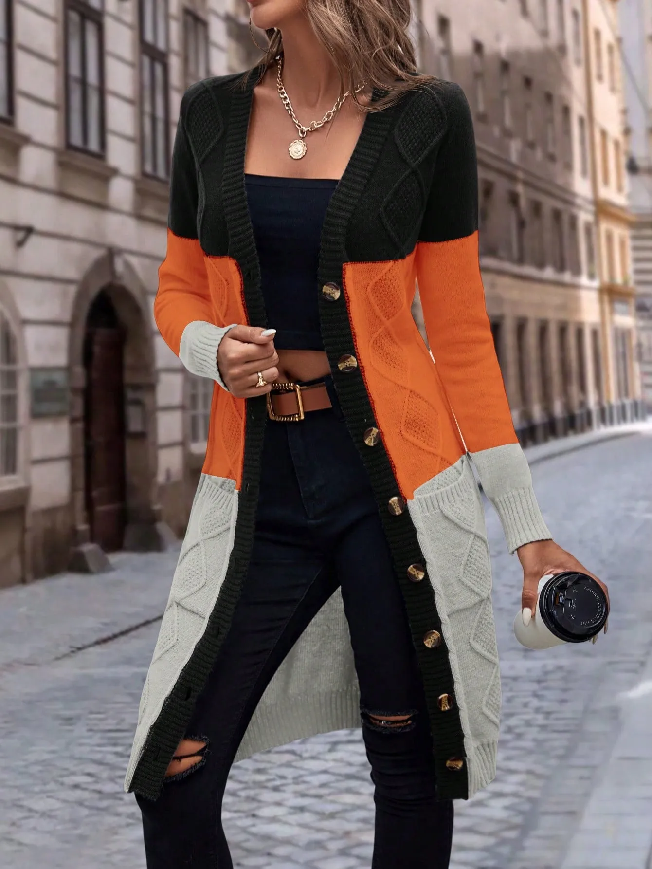 Cable Knit Colour Block Longline V-Neck Cardigan