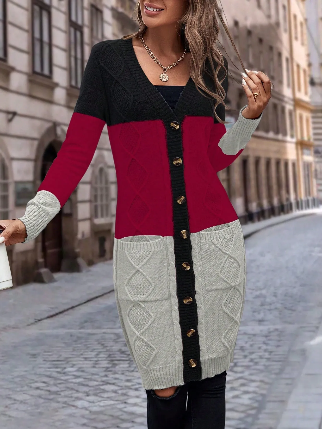 Cable Knit Colour Block Longline V-Neck Cardigan