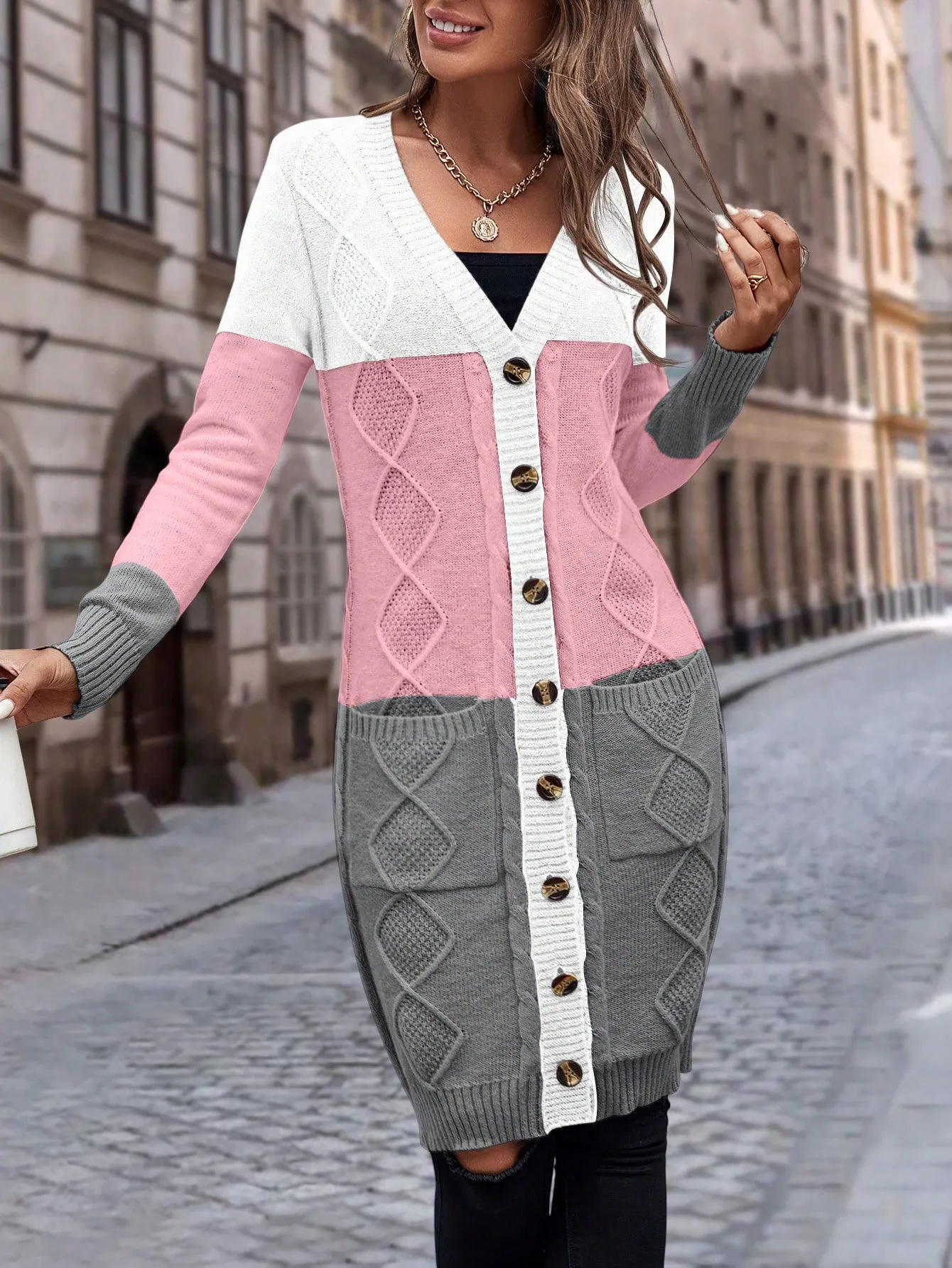 Cable Knit Colour Block Longline V-Neck Cardigan