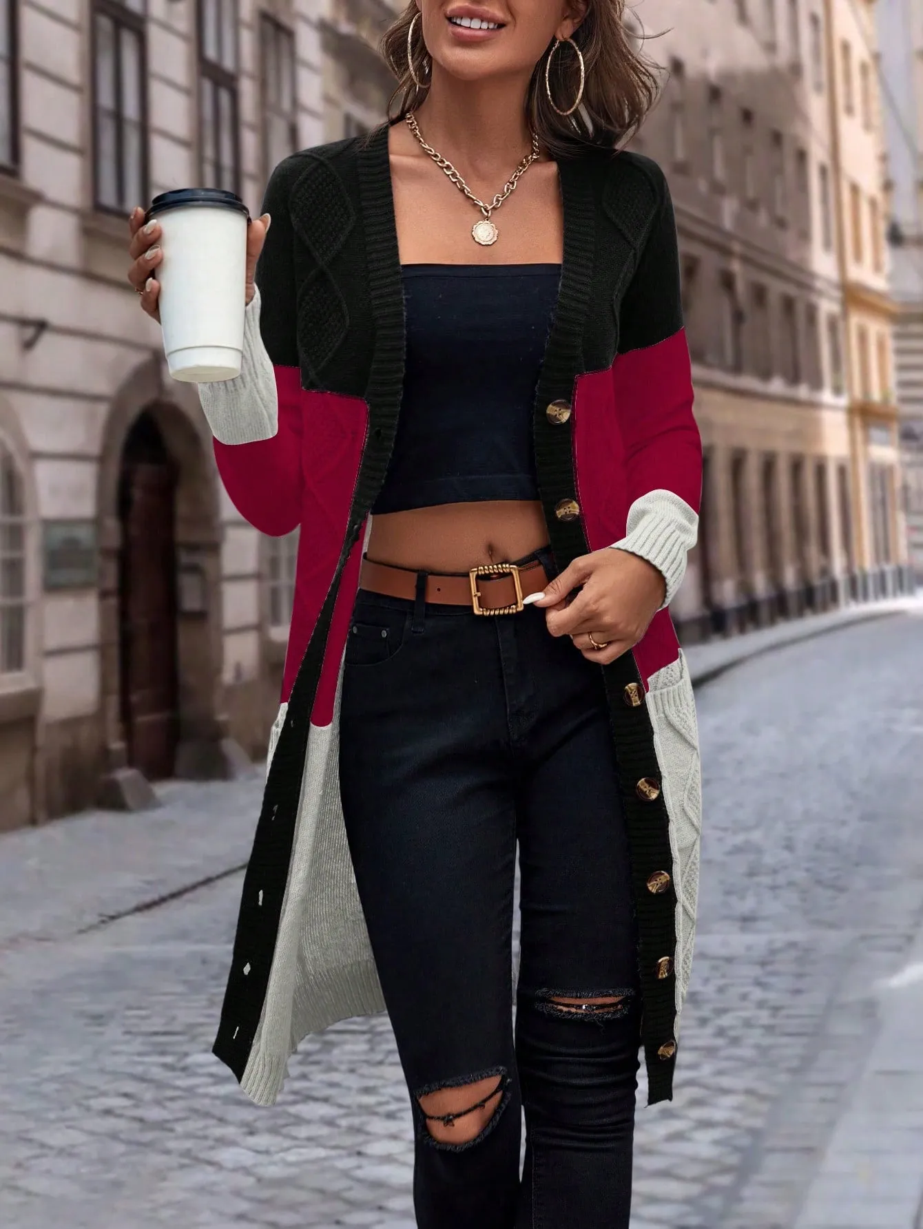 Cable Knit Colour Block Longline V-Neck Cardigan