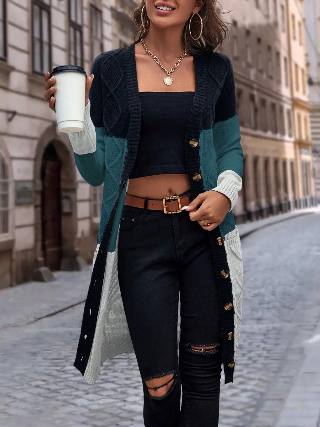 Cable Knit Colour Block Longline V-Neck Cardigan