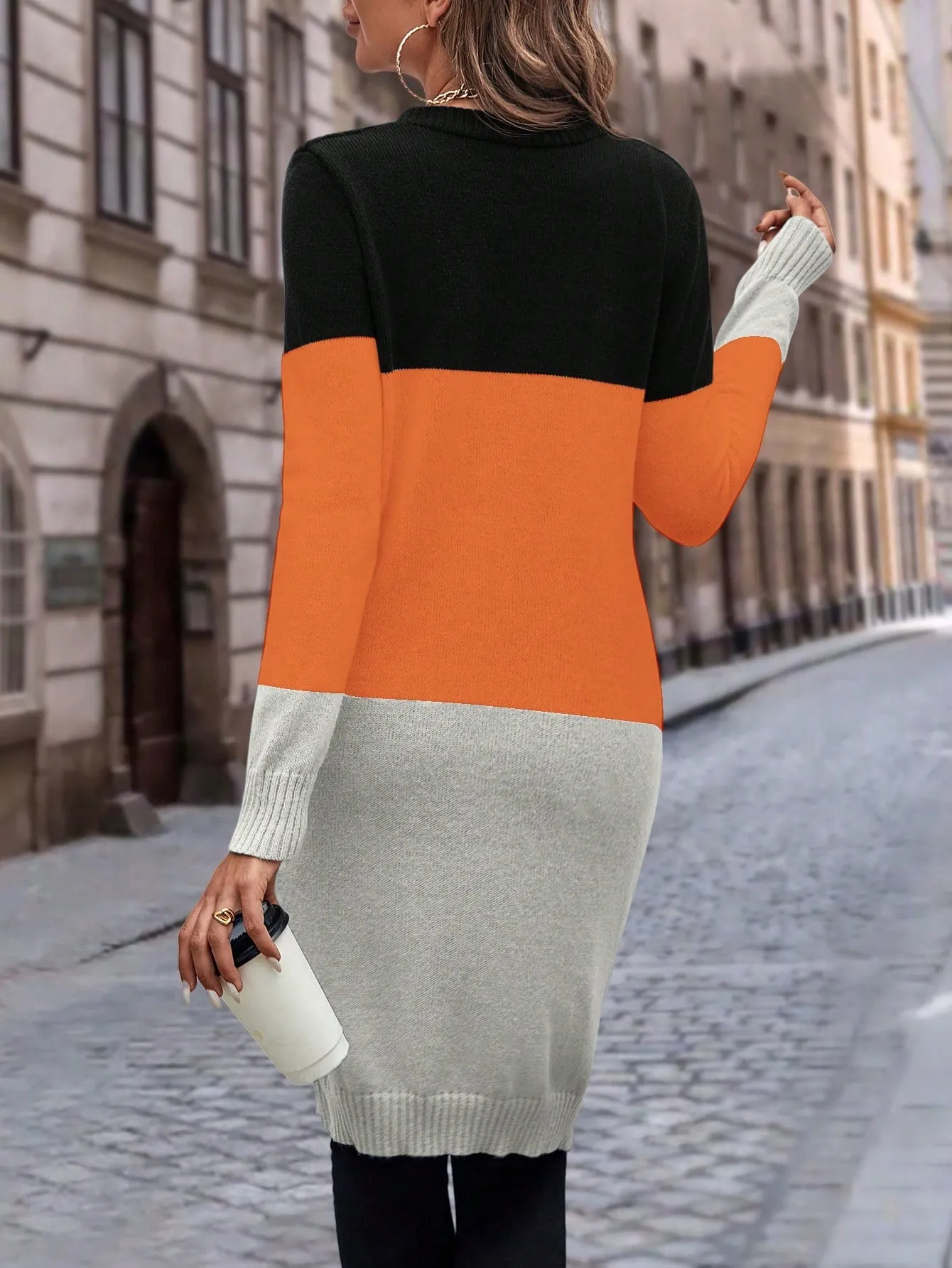 Cable Knit Colour Block Longline V-Neck Cardigan