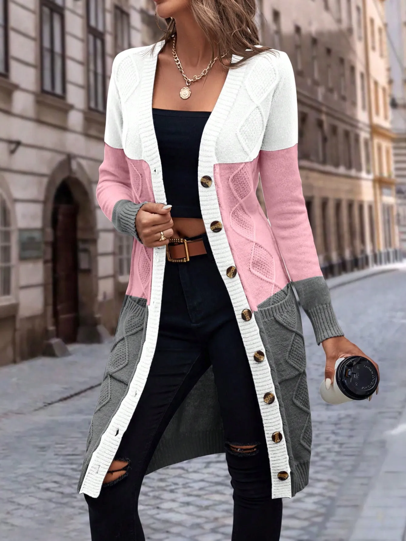 Cable Knit Colour Block Longline V-Neck Cardigan