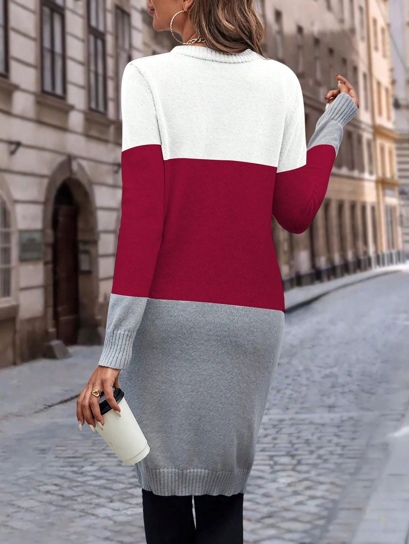 Cable Knit Colour Block Longline V-Neck Cardigan