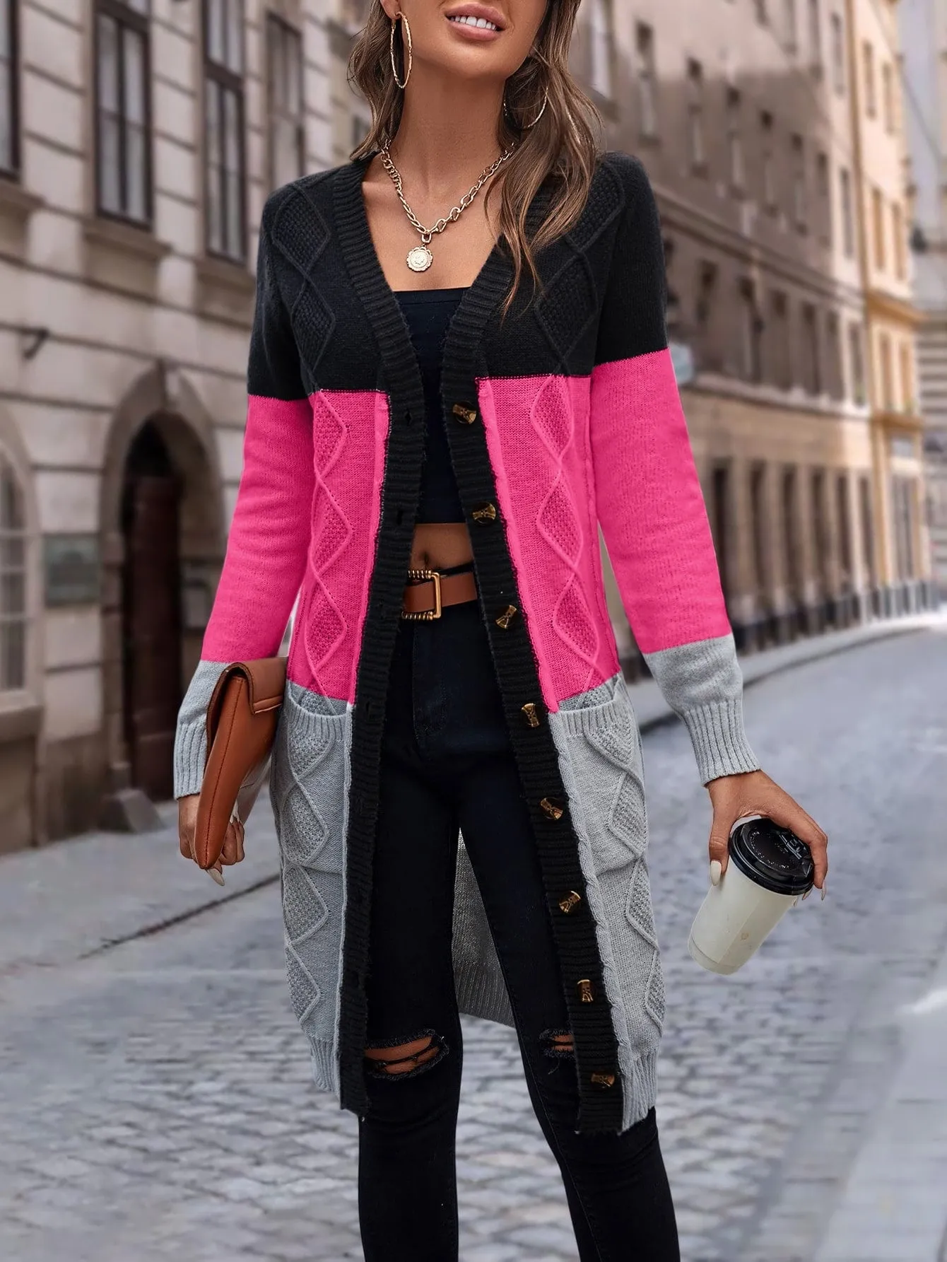 Cable Knit Colour Block Longline V-Neck Cardigan