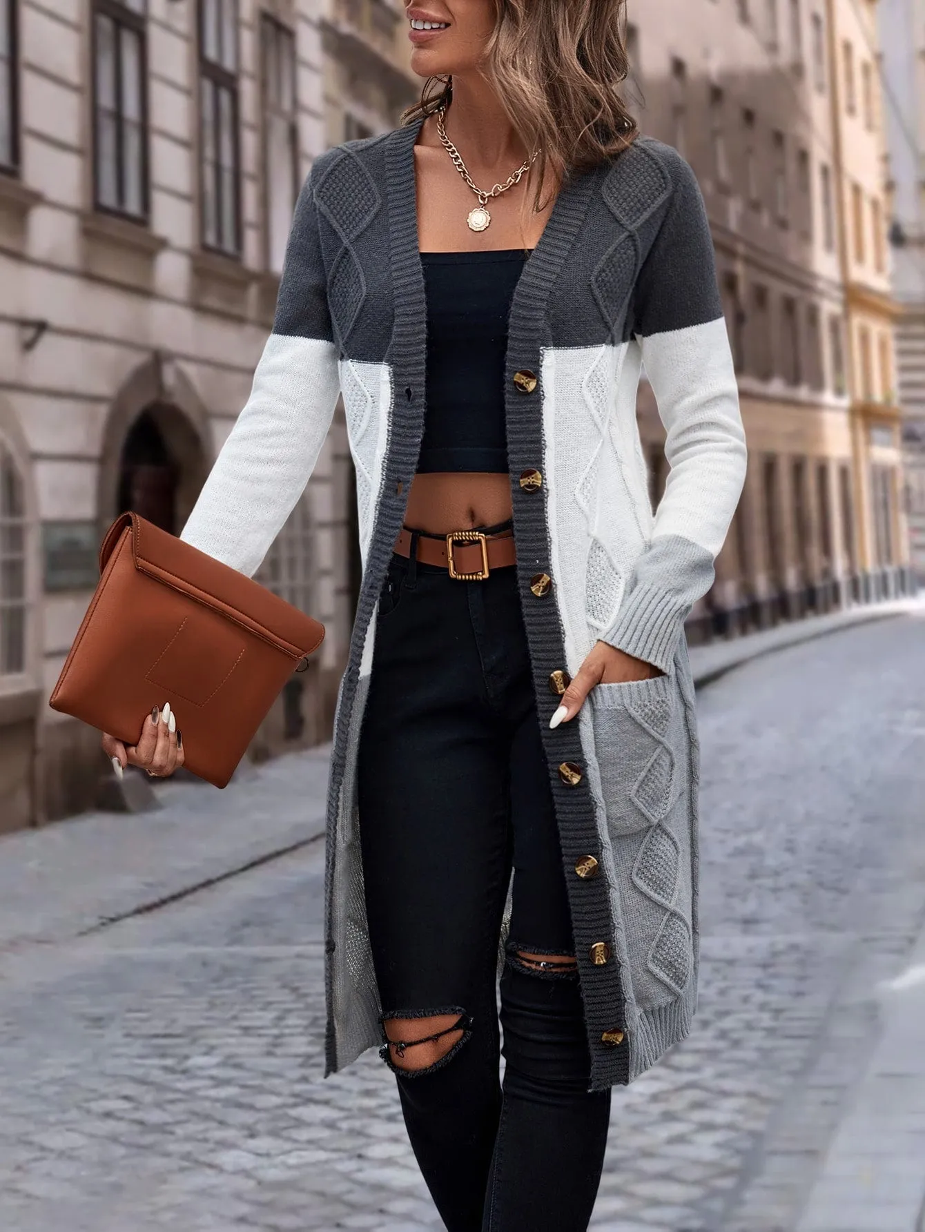 Cable Knit Colour Block Longline V-Neck Cardigan