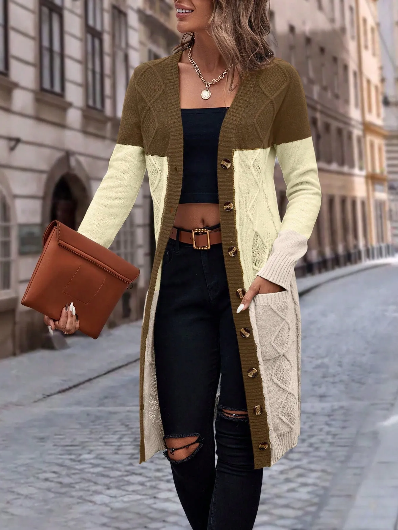 Cable Knit Colour Block Longline V-Neck Cardigan