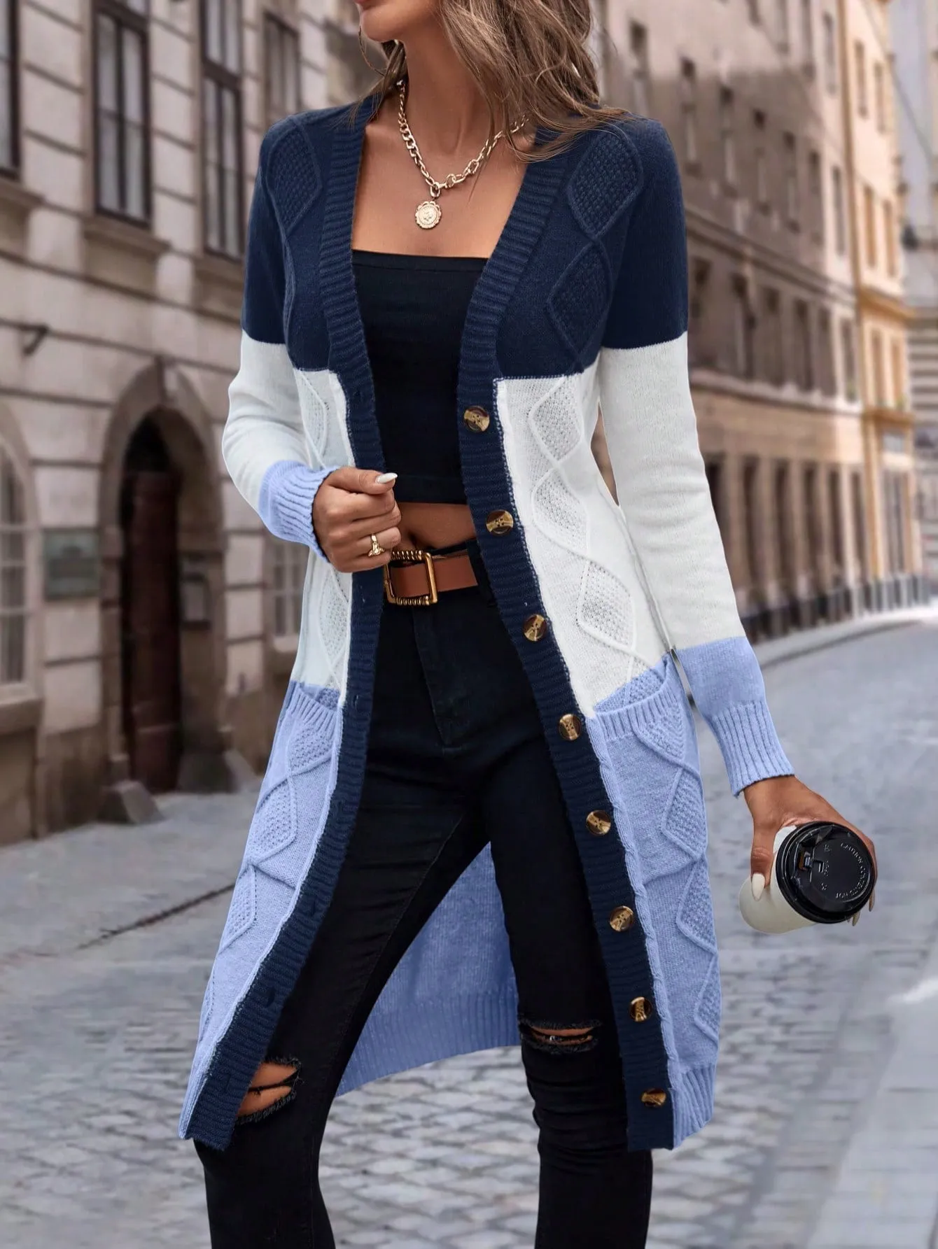 Cable Knit Colour Block Longline V-Neck Cardigan