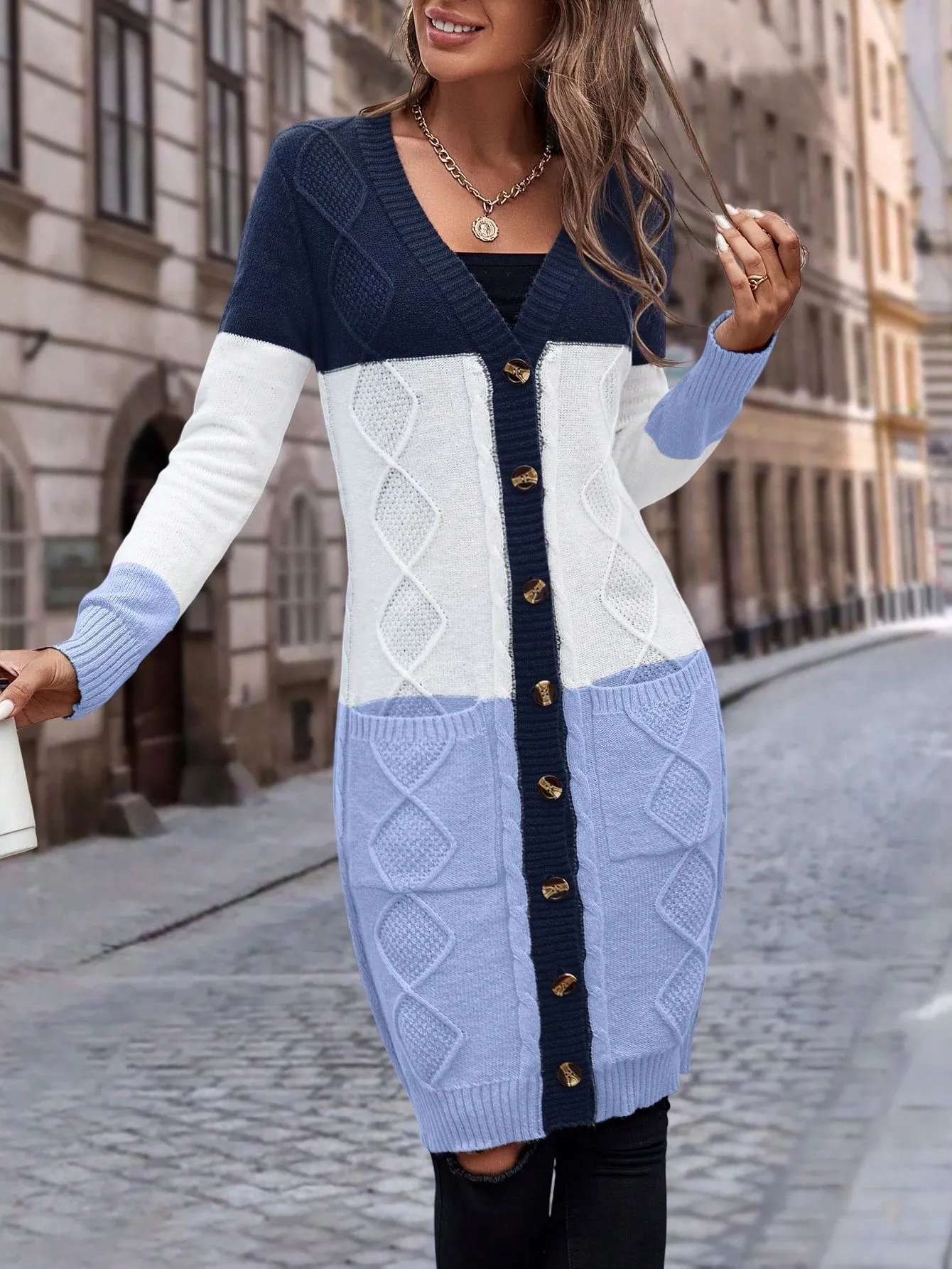 Cable Knit Colour Block Longline V-Neck Cardigan