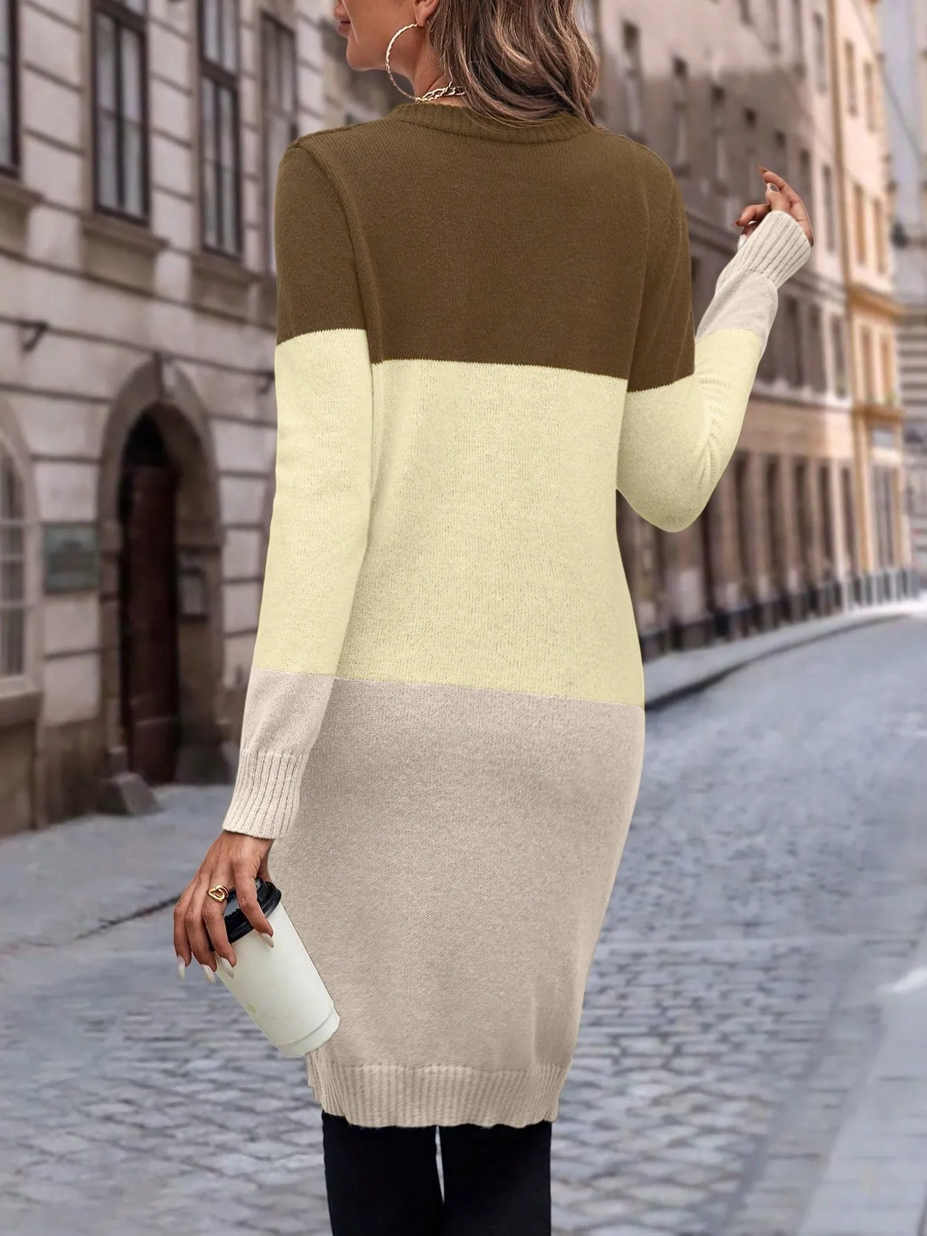 Cable Knit Colour Block Longline V-Neck Cardigan