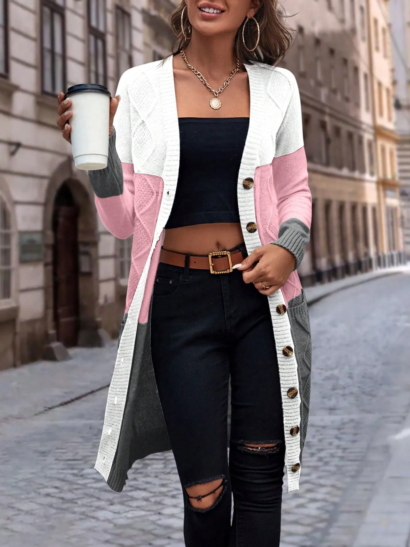 Cable Knit Colour Block Longline V-Neck Cardigan