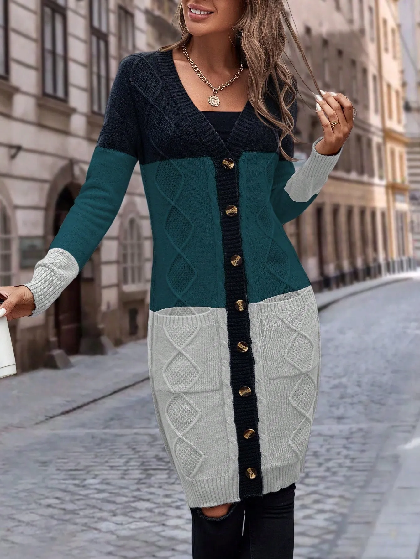 Cable Knit Colour Block Longline V-Neck Cardigan