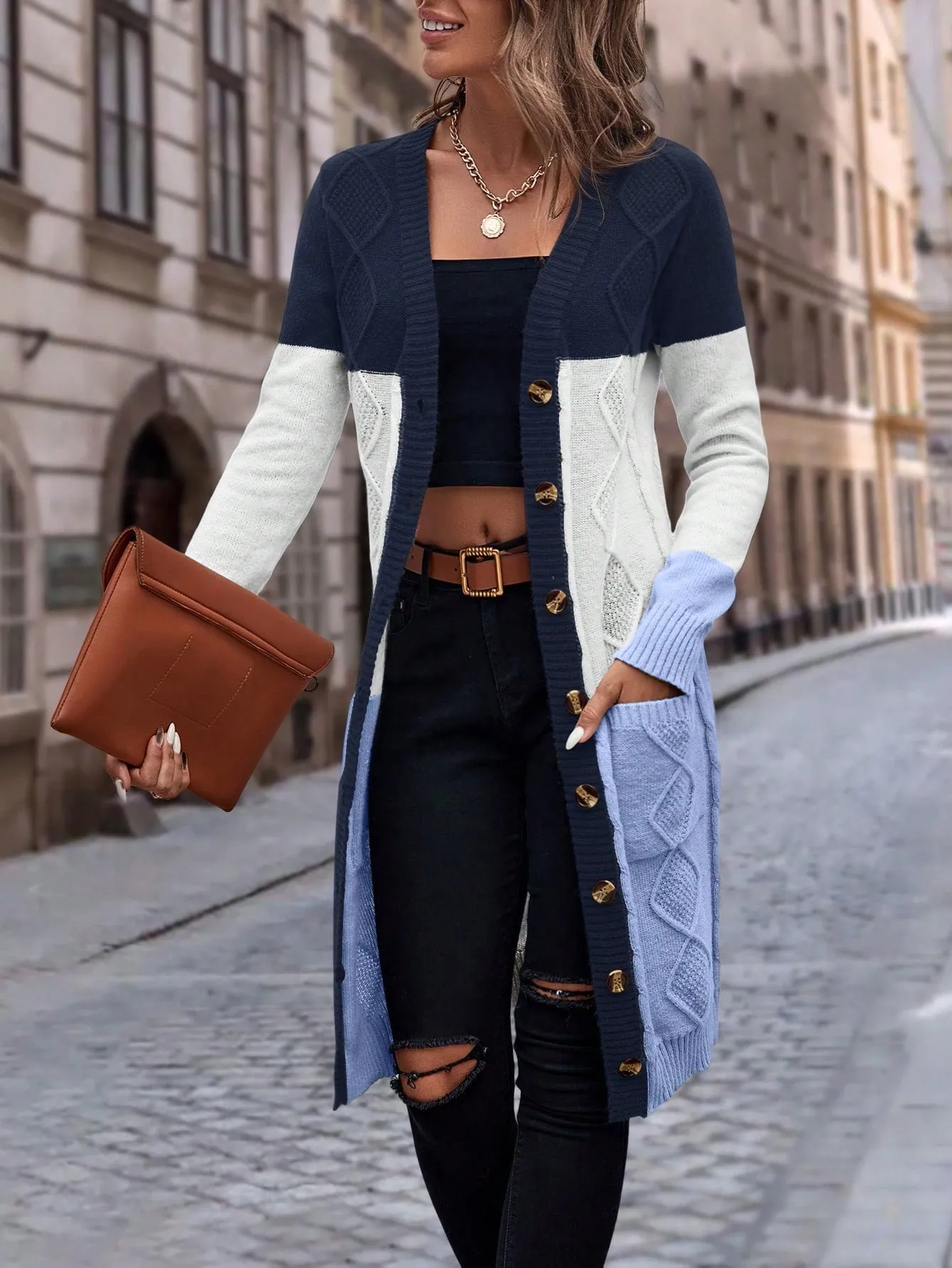 Cable Knit Colour Block Longline V-Neck Cardigan
