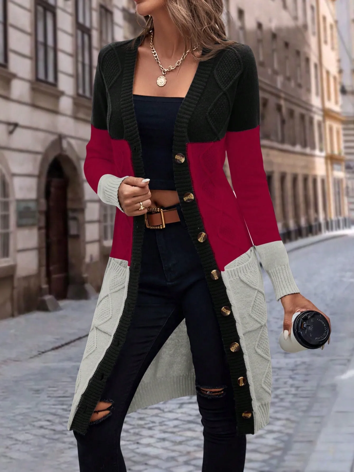 Cable Knit Colour Block Longline V-Neck Cardigan