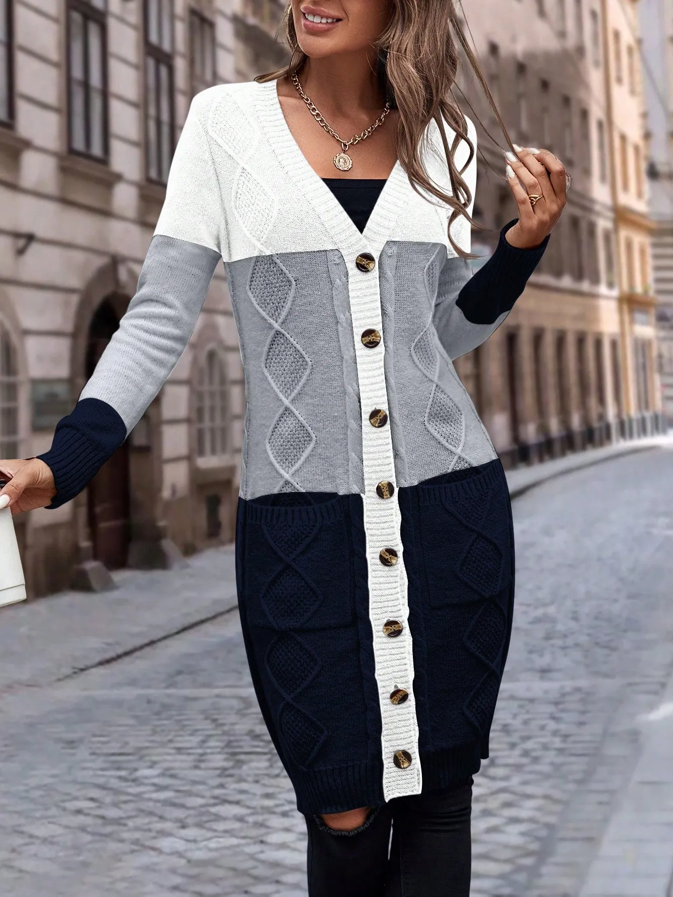 Cable Knit Colour Block Longline V-Neck Cardigan