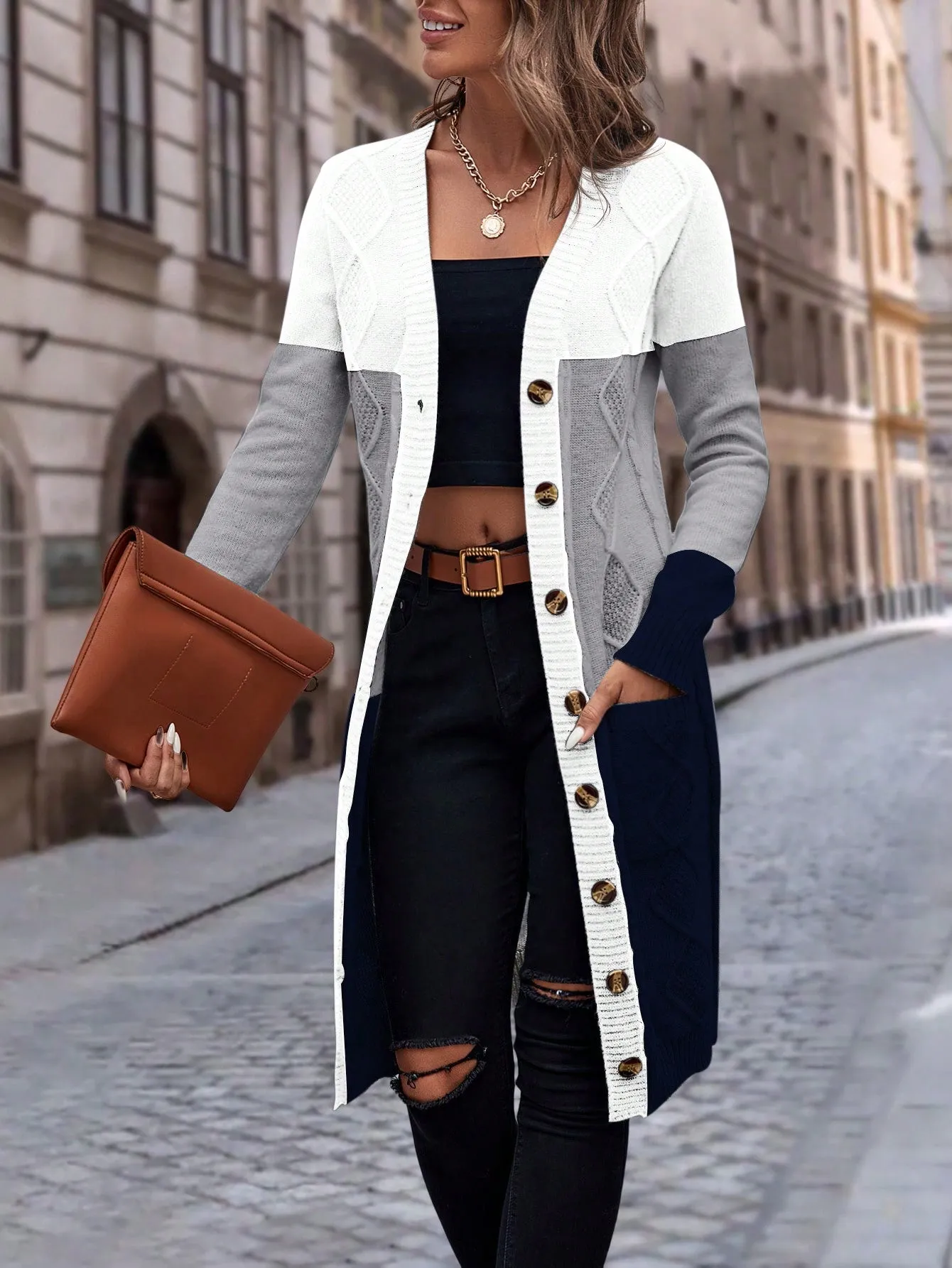 Cable Knit Colour Block Longline V-Neck Cardigan