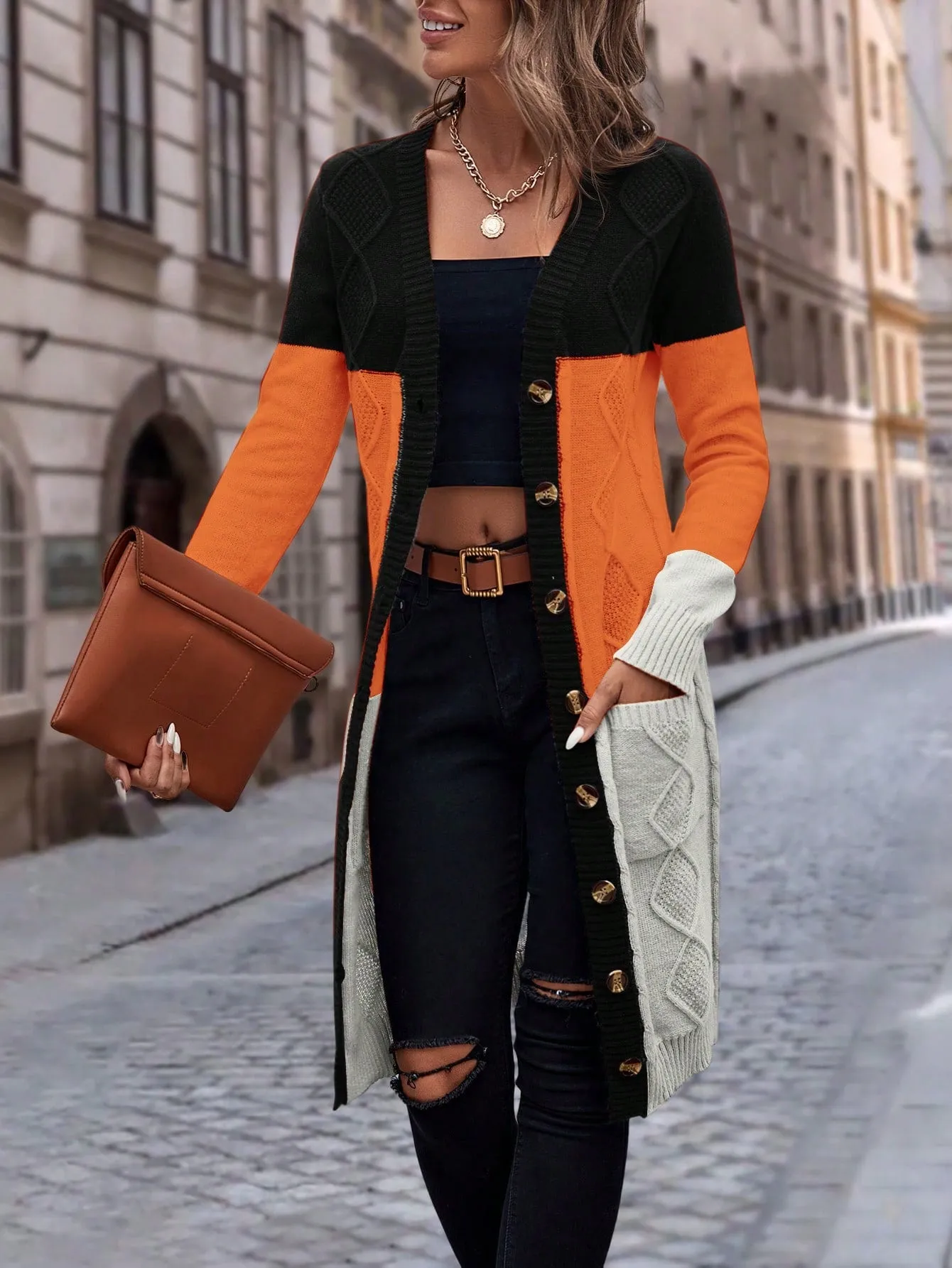 Cable Knit Colour Block Longline V-Neck Cardigan