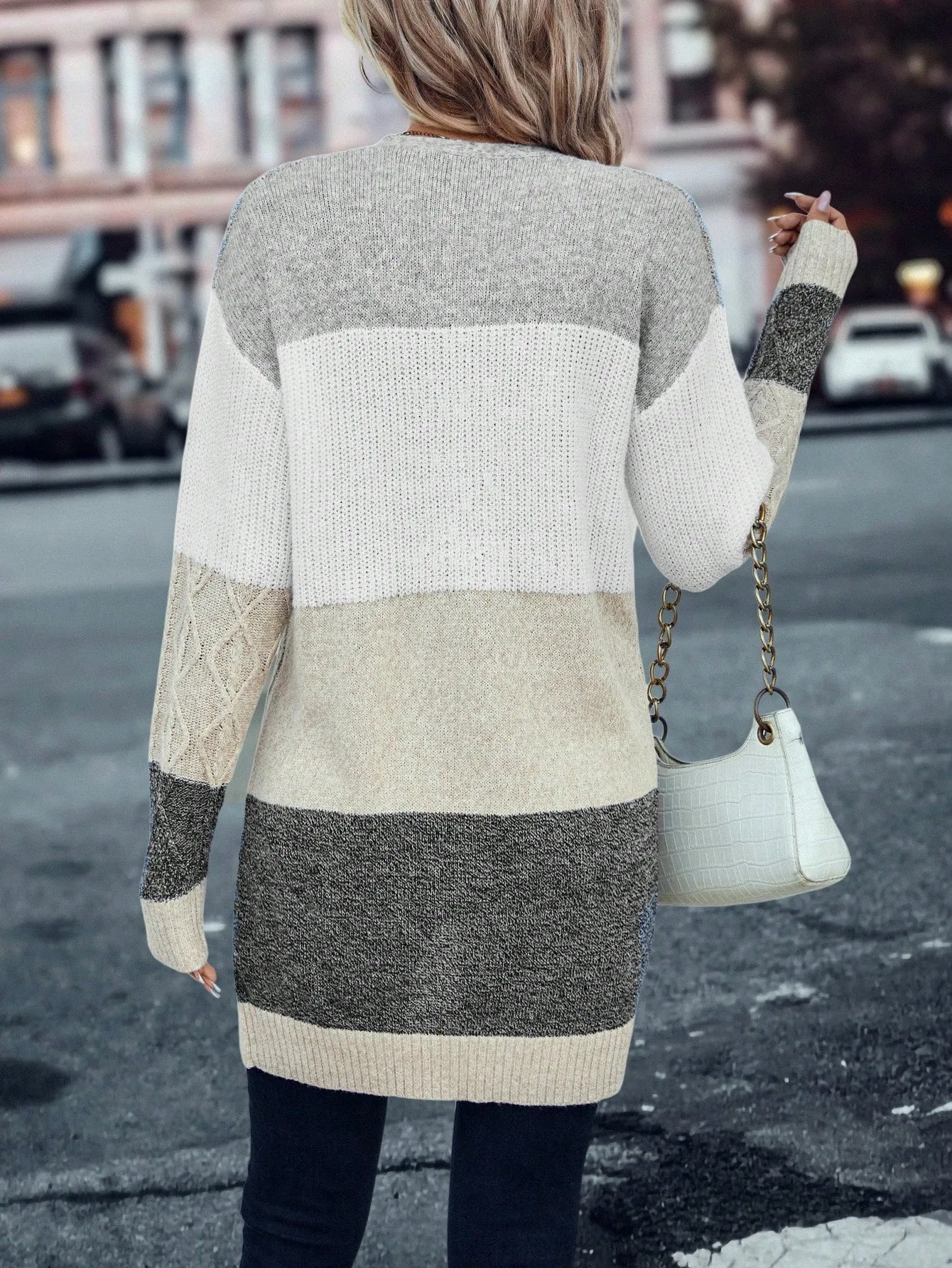 Cable Knit Colour Block Longline V-Neck Cardigan