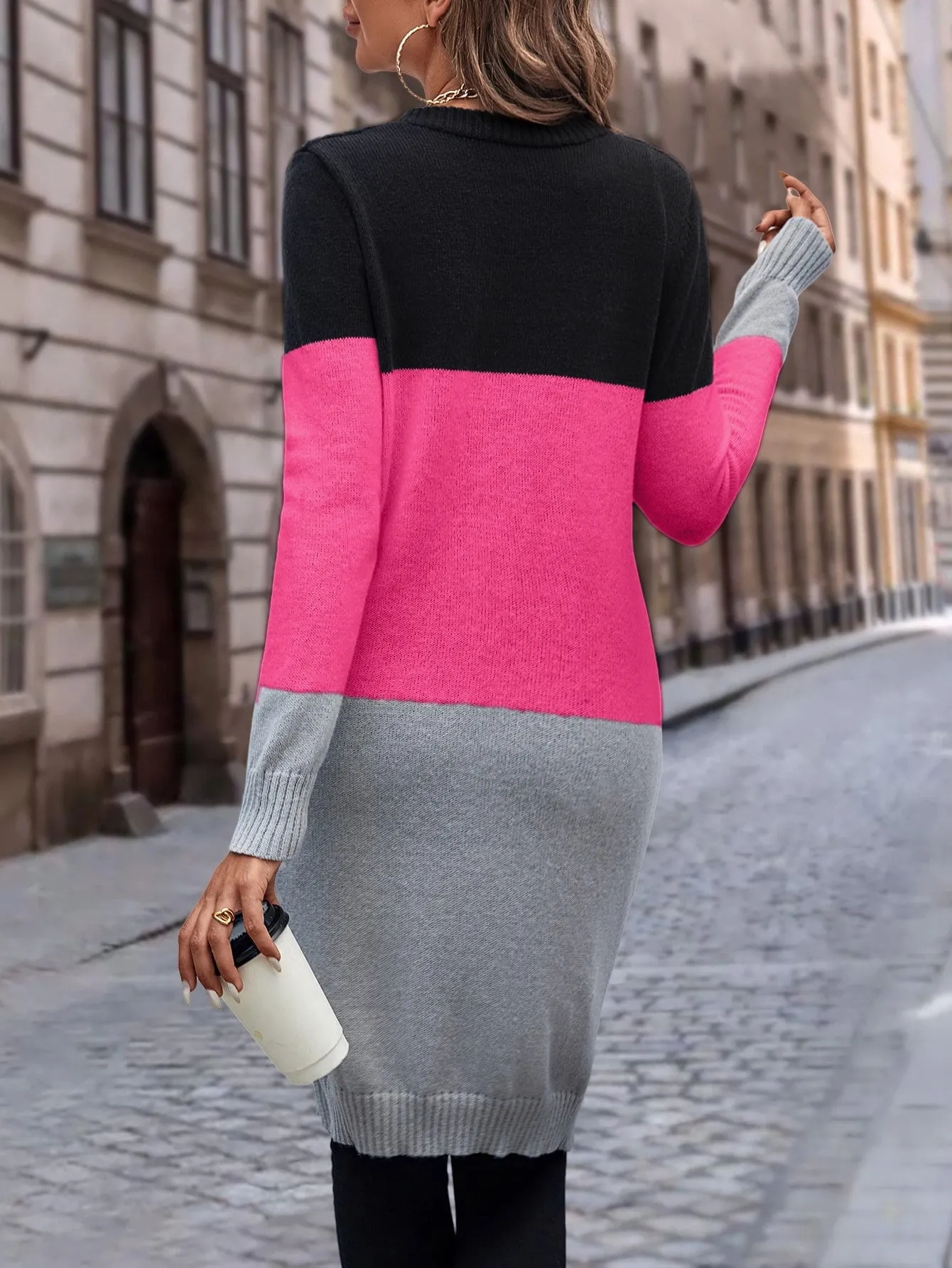 Cable Knit Colour Block Longline V-Neck Cardigan