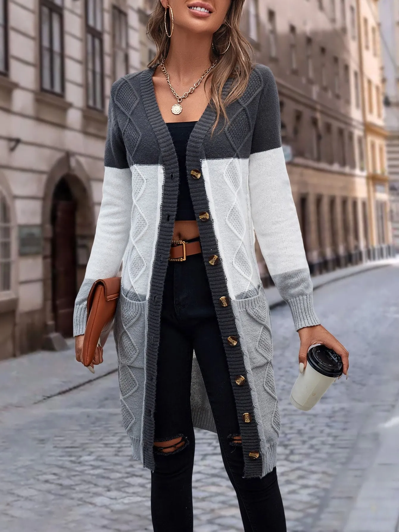 Cable Knit Colour Block Longline V-Neck Cardigan