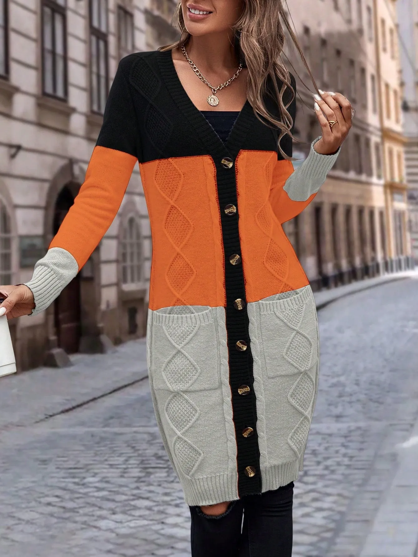 Cable Knit Colour Block Longline V-Neck Cardigan