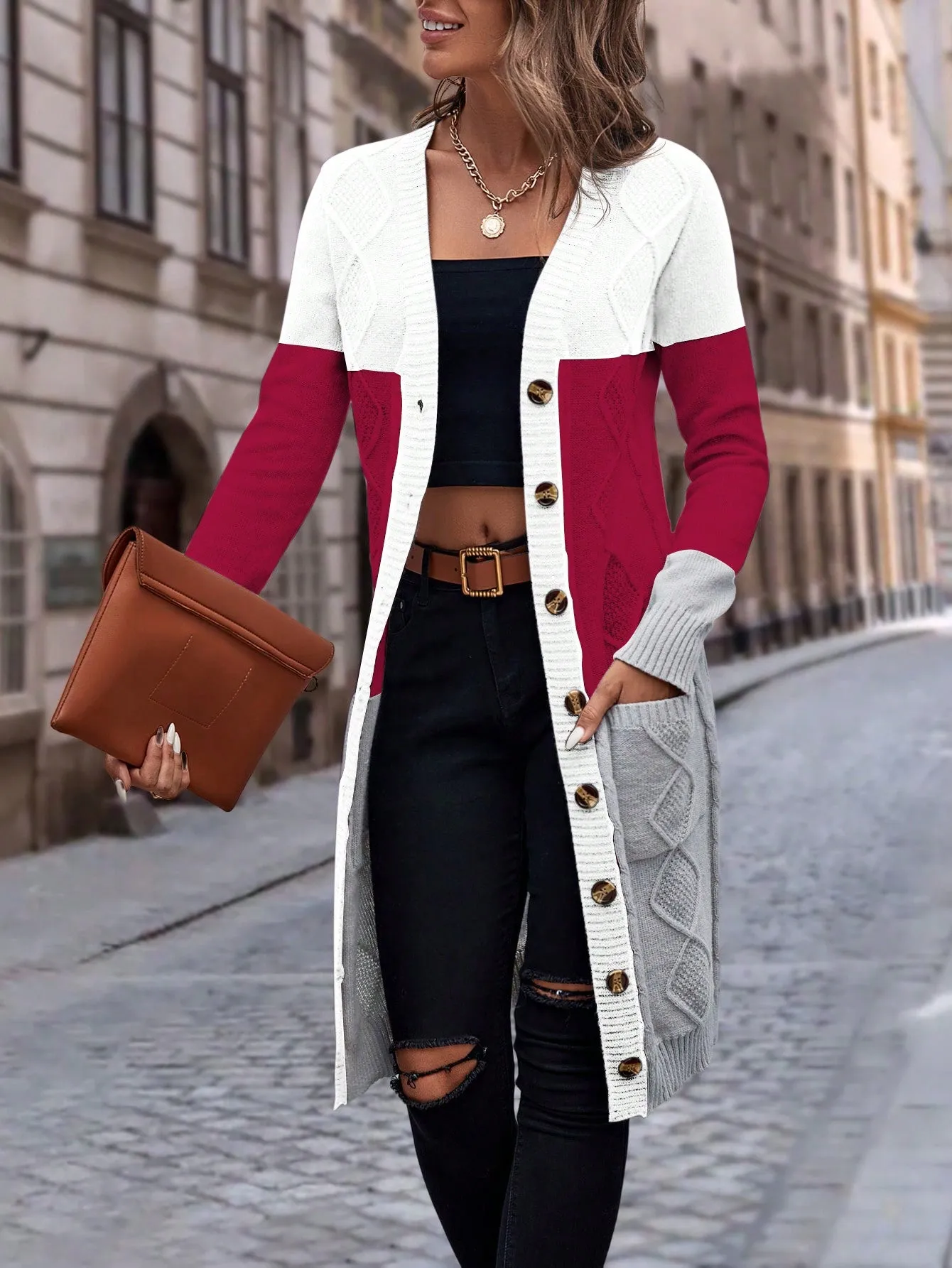 Cable Knit Colour Block Longline V-Neck Cardigan